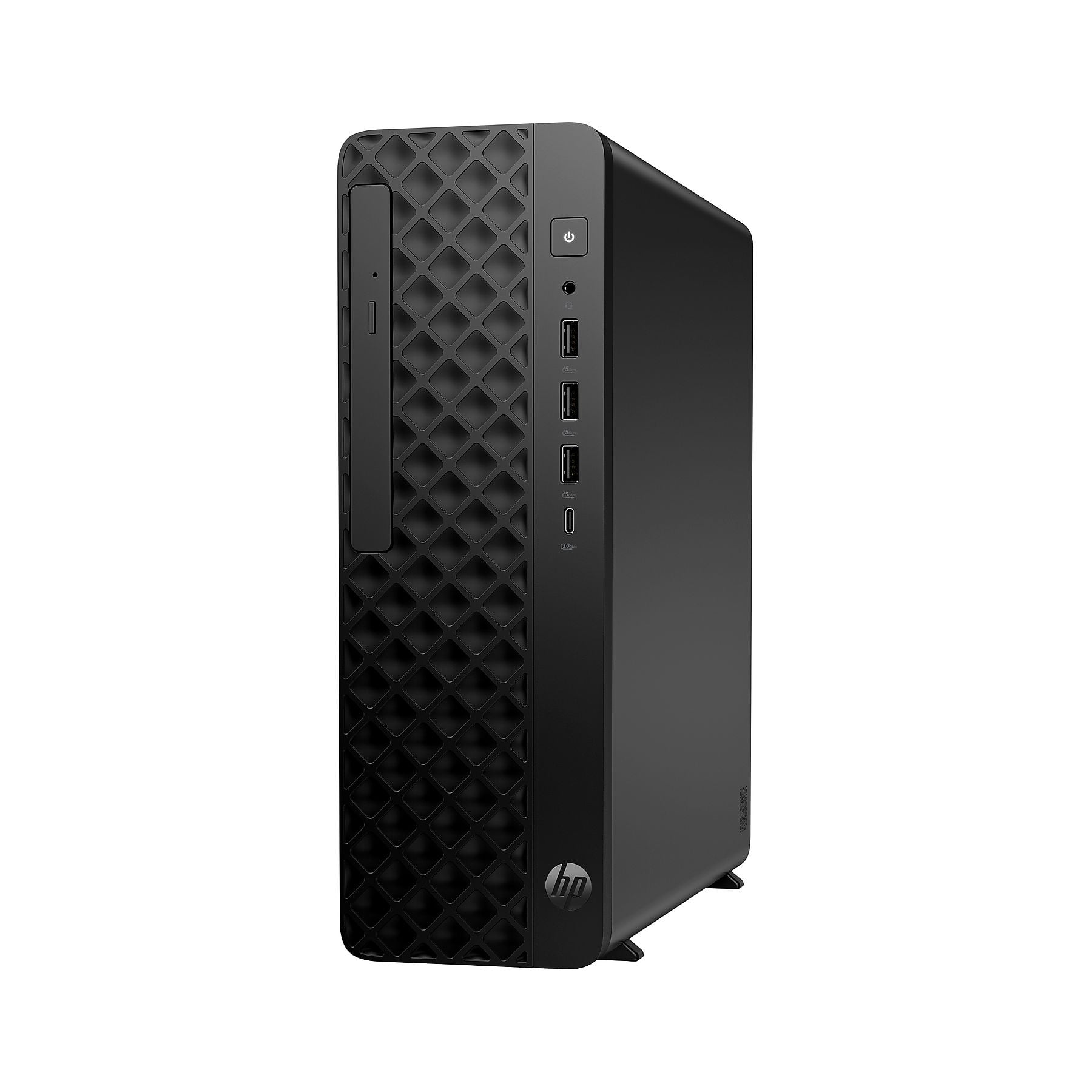 Computer desktop HP nero con porte USB e pulsante di accensione.