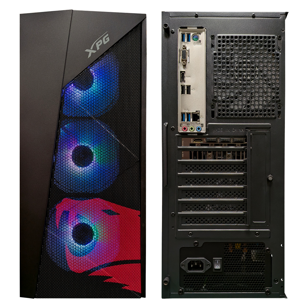 Torre de computadora negra, frontal con ventiladores RGB, posterior con puertos y ventilación.
