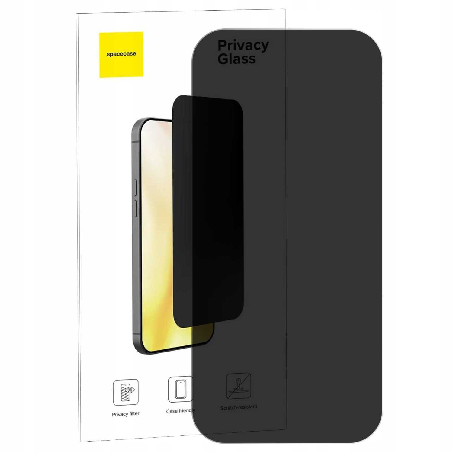 Folia ochronna prywatności na smartfon na opakowaniu z napisem 'spacecase'.