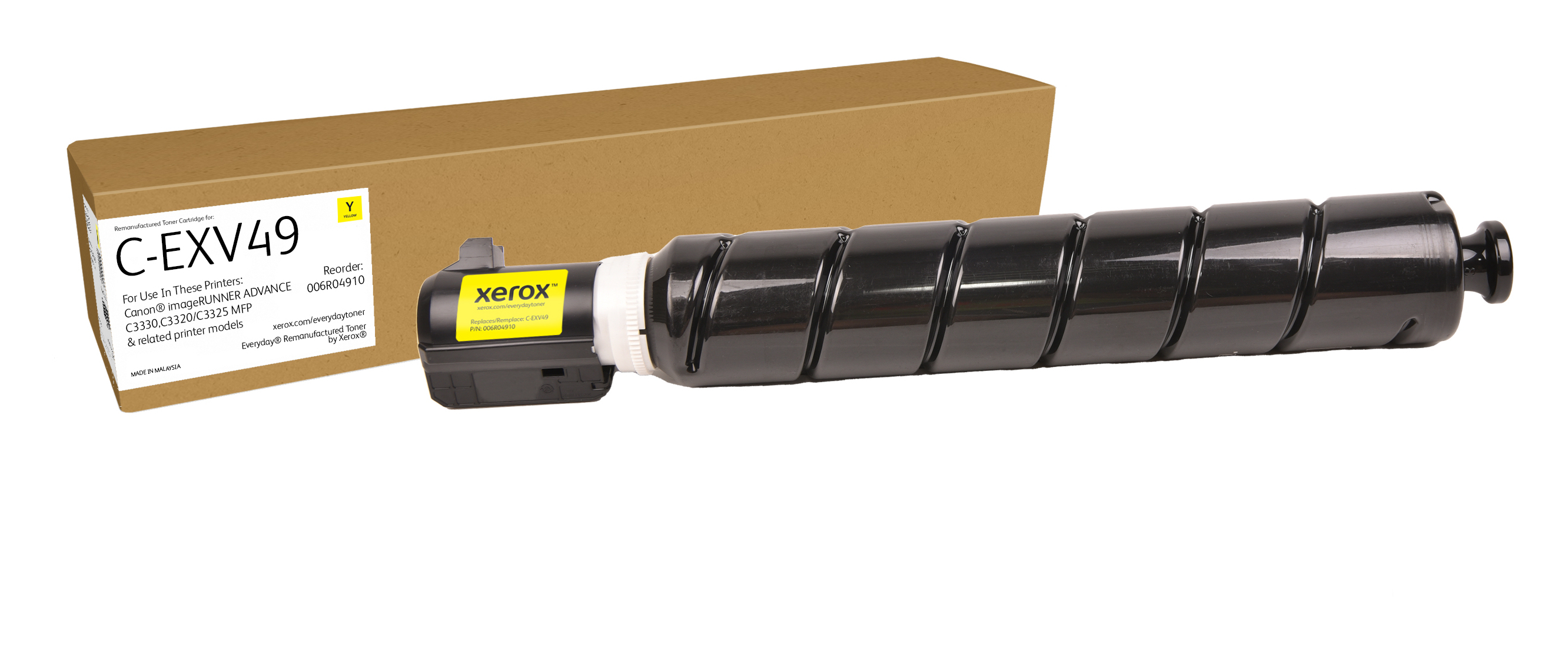 Cartuccia toner gialla C-EXV49 Xerox accanto a una scatola marrone.