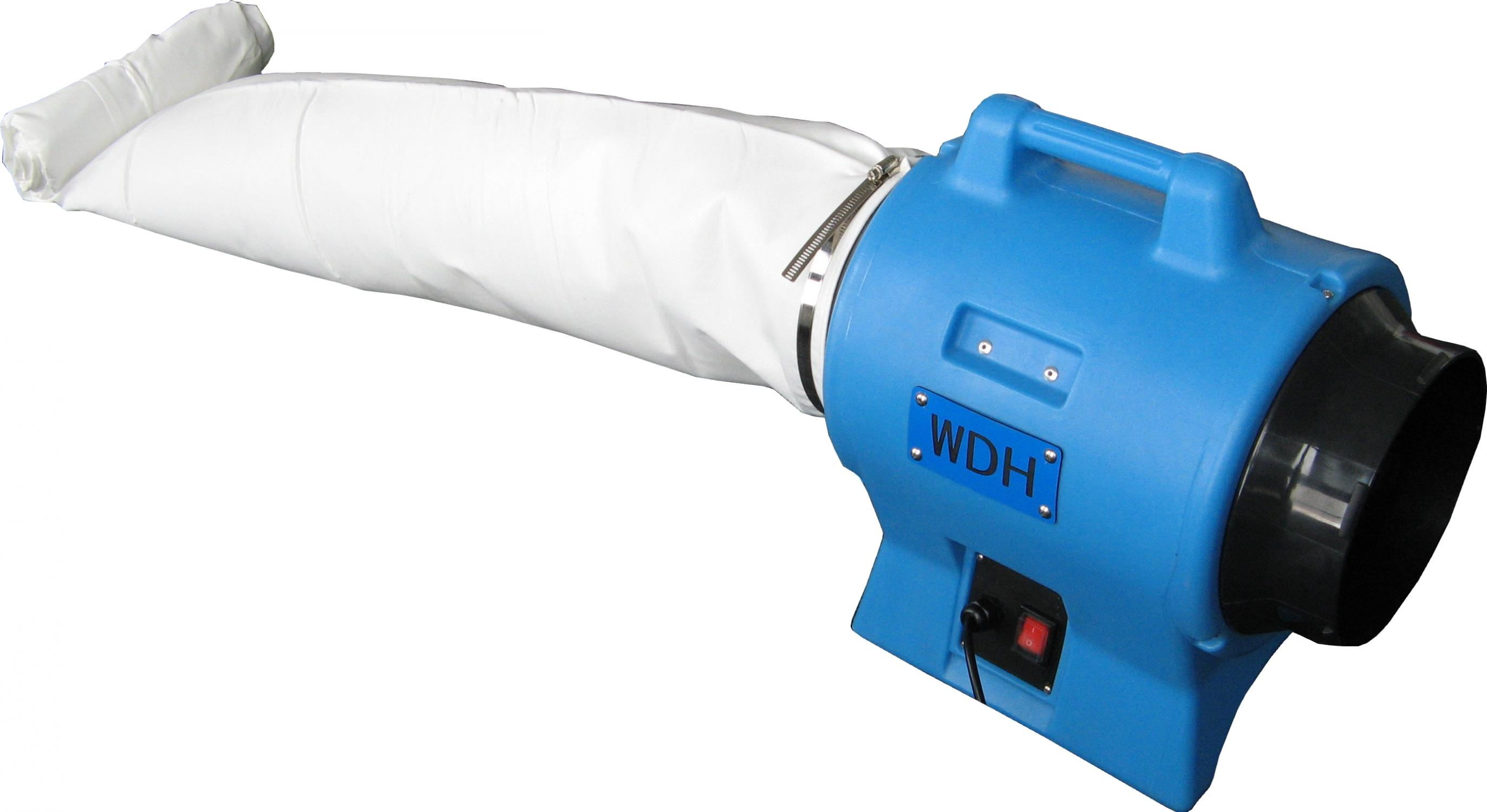 Blauer Gebläseator mit weißem Schlauch, Schalter und WDH-Logo.