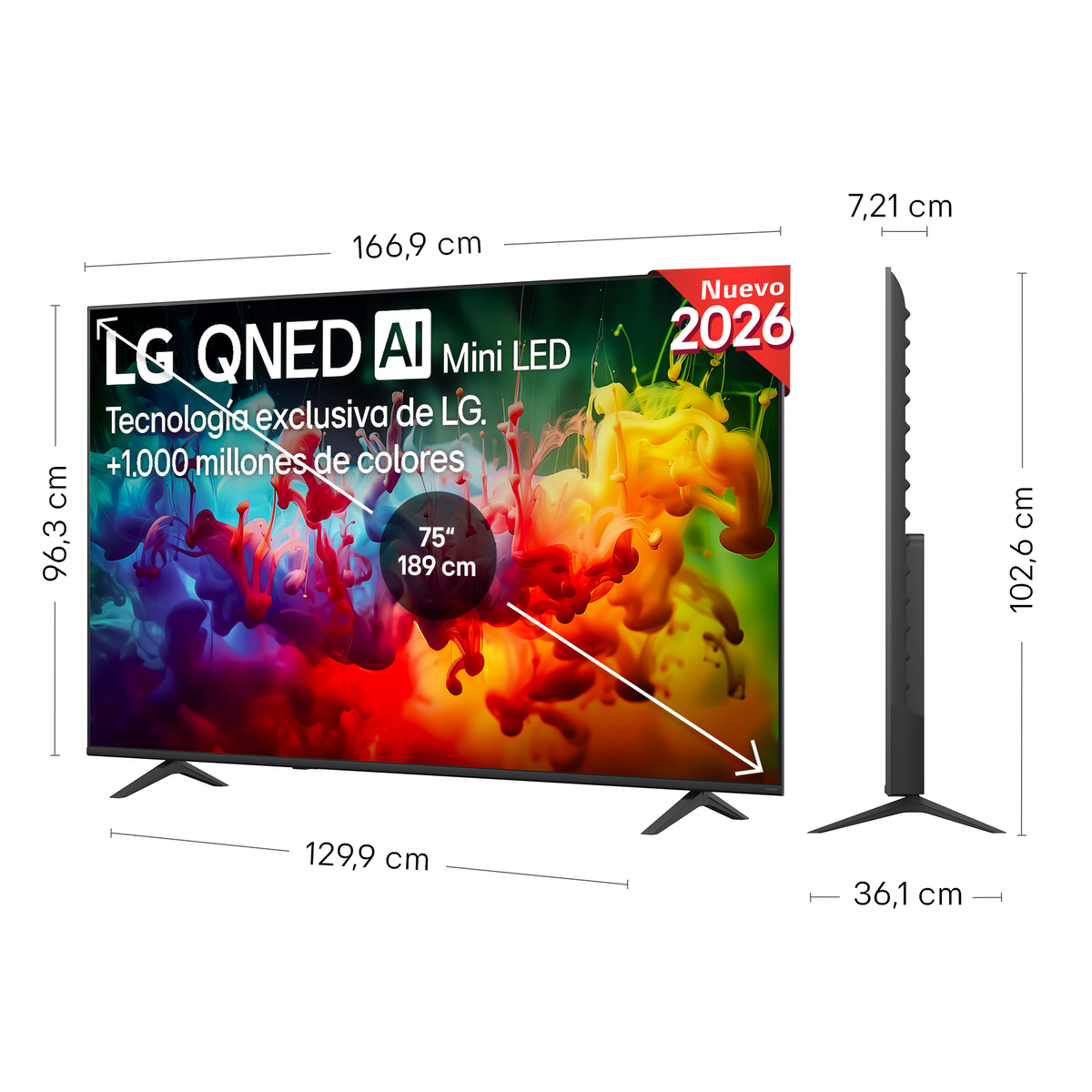 TV LG QNED AI Mini LED con dimensioni e display a spettro cromatico.
