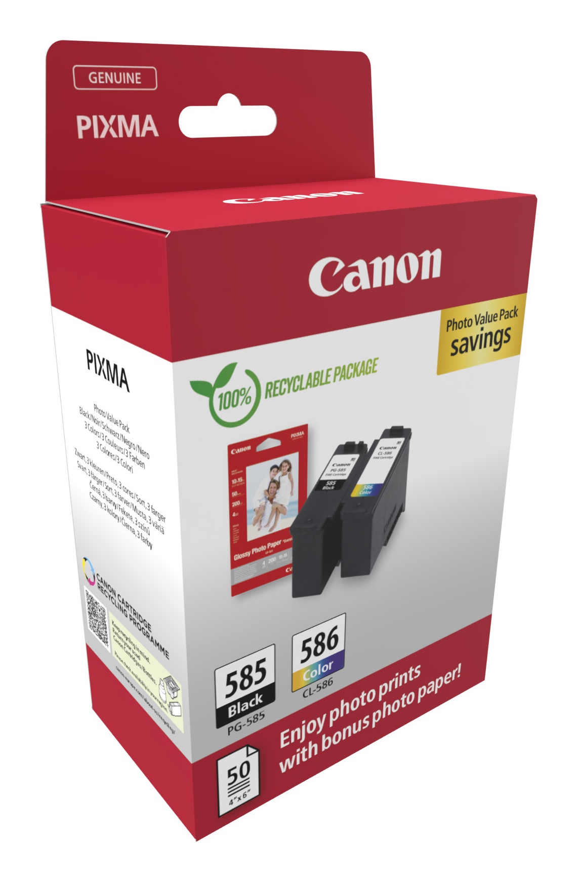 Confezione convenienza cartucce d'inchiostro Canon PIXMA con 2 cartucce e carta fotografica.