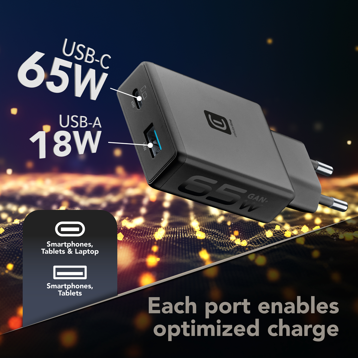 Schwarzes GAN+ Ladegerät mit USB-C 65W und USB-A 18W Ports.