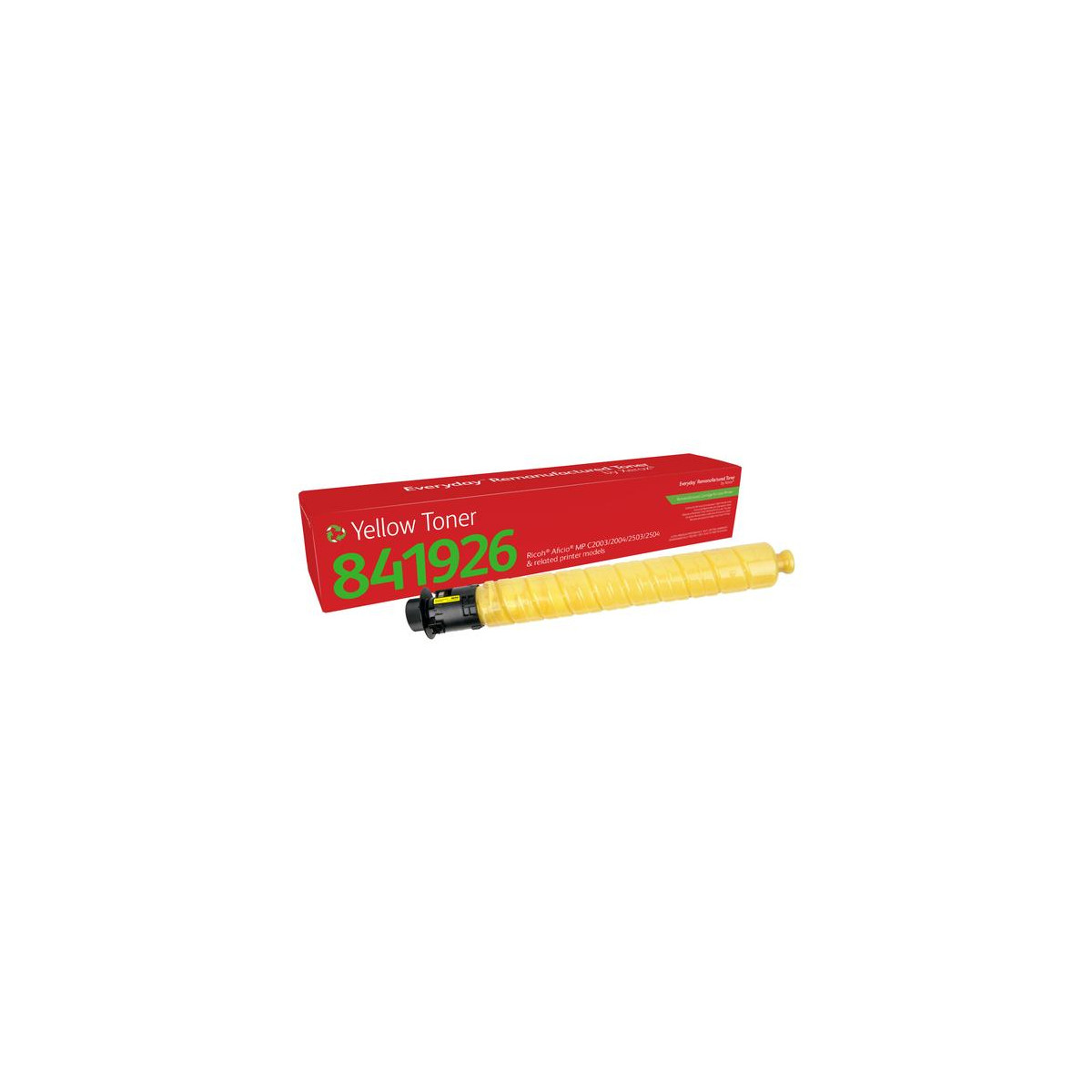 Cartuccia toner gialla 841926 Ricoh Aficio, accanto a confezione rossa.