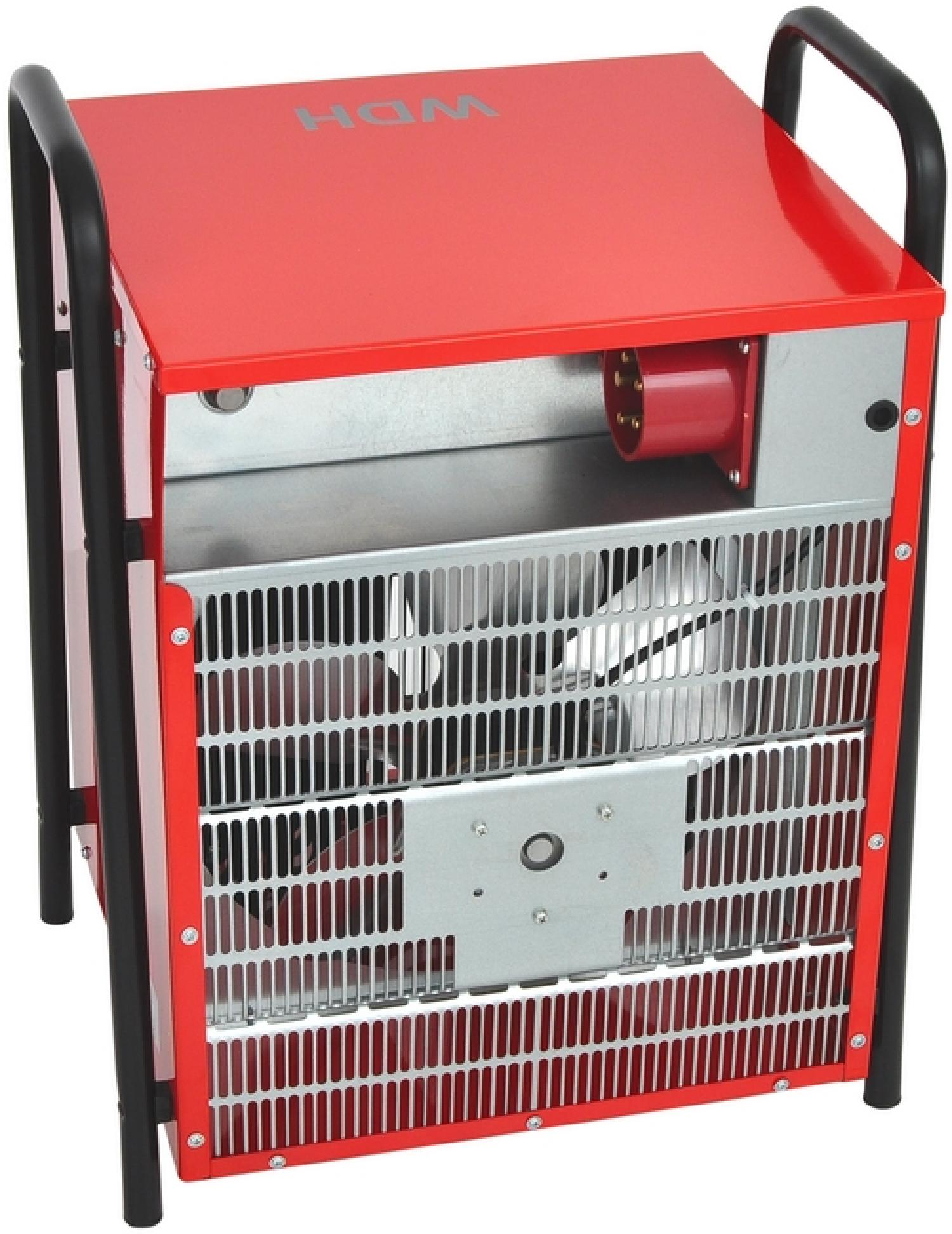 Ein roter Heizlüfter mit Metallgehäuse und schwarzem Griff.