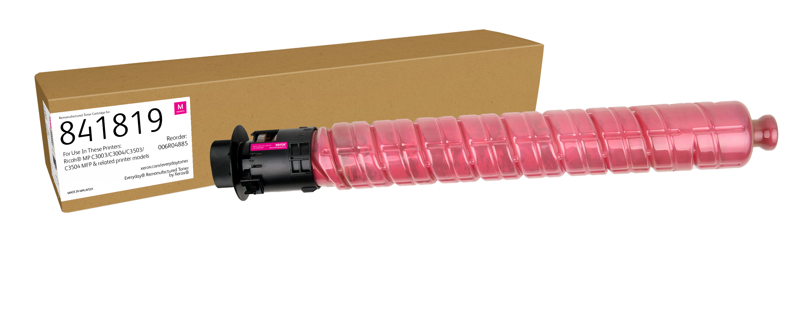 Un prodotto di cartuccia toner rosa con una scatola marrone. Modello 841819.
