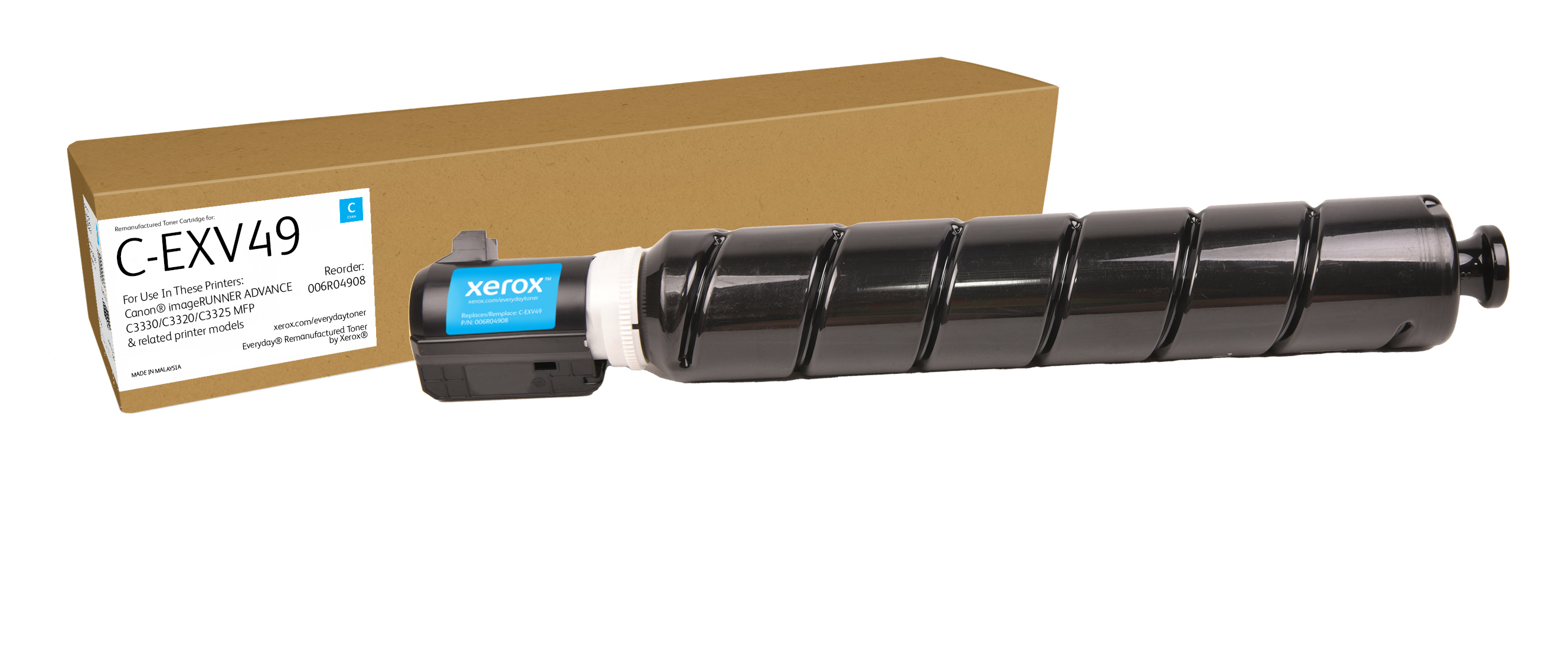 Un toner Xerox nero per stampanti Canon, accanto a una scatola marrone.