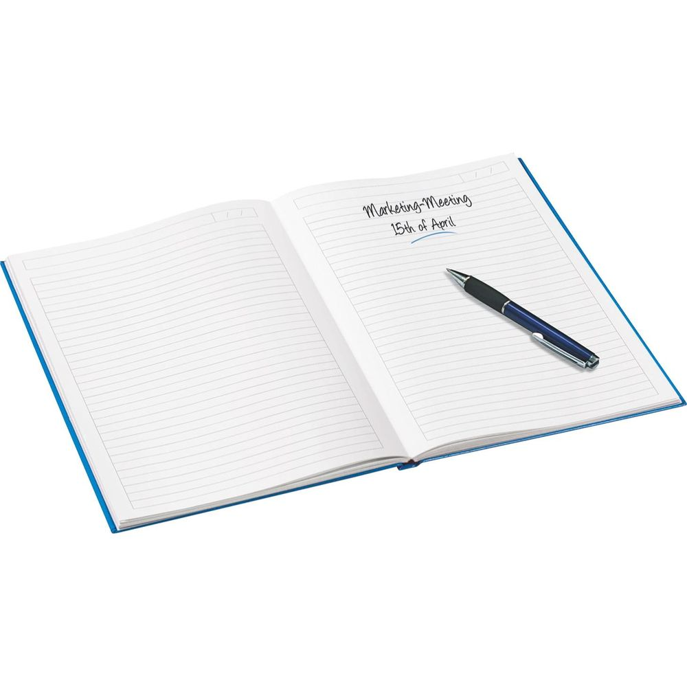 Ein geöffnetes Notizbuch mit linierten Seiten und einem blauen Stift.
