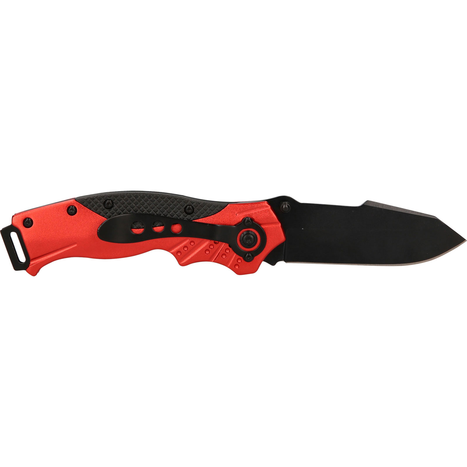 Ein rotes Klappmesser mit schwarzer Klinge und Griffdetails.
