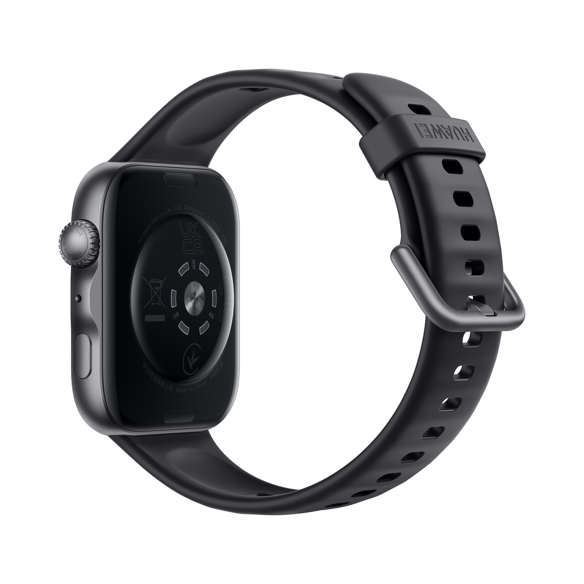 Montre connectée noire avec bracelet, dos montrant détails et certifications.