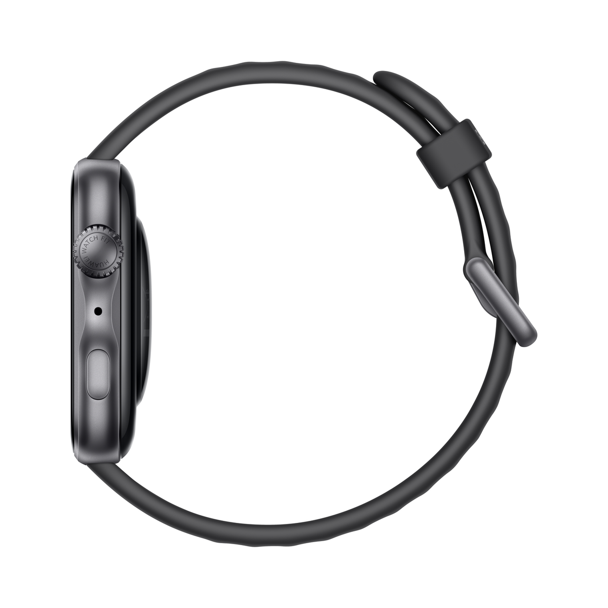 Montre connectée grise avec bracelet noir, vue latérale.