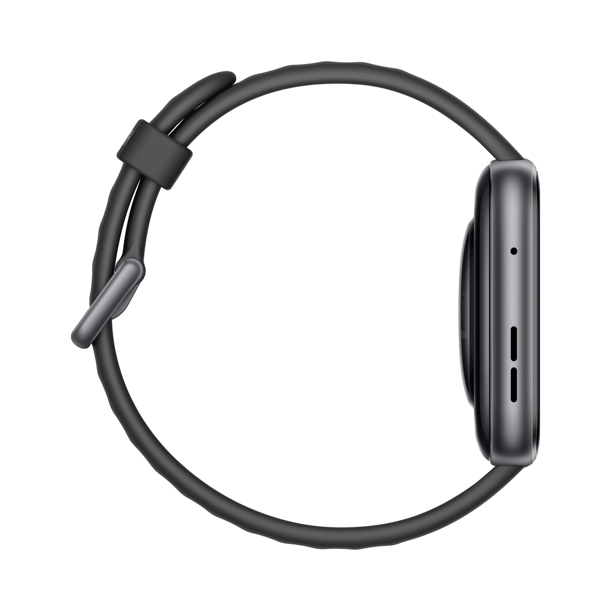 Vue latérale d'une montre connectée gris foncé avec bracelet noir sur fond blanc.