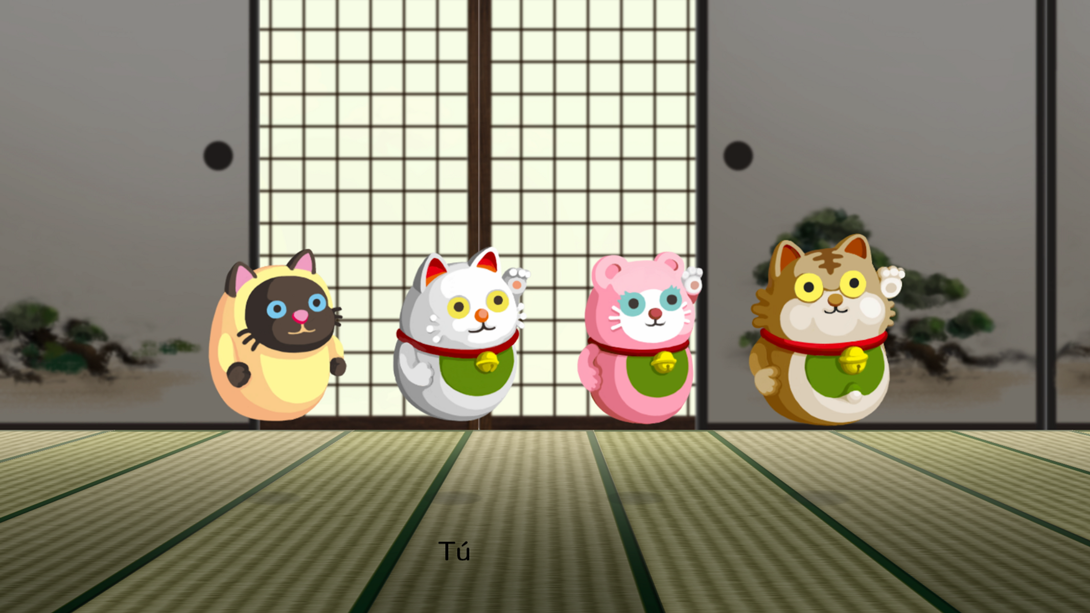 Cuatro gatos de la suerte de dibujos animados con campanas sobre una estera de tatami frente a biombos shoji.