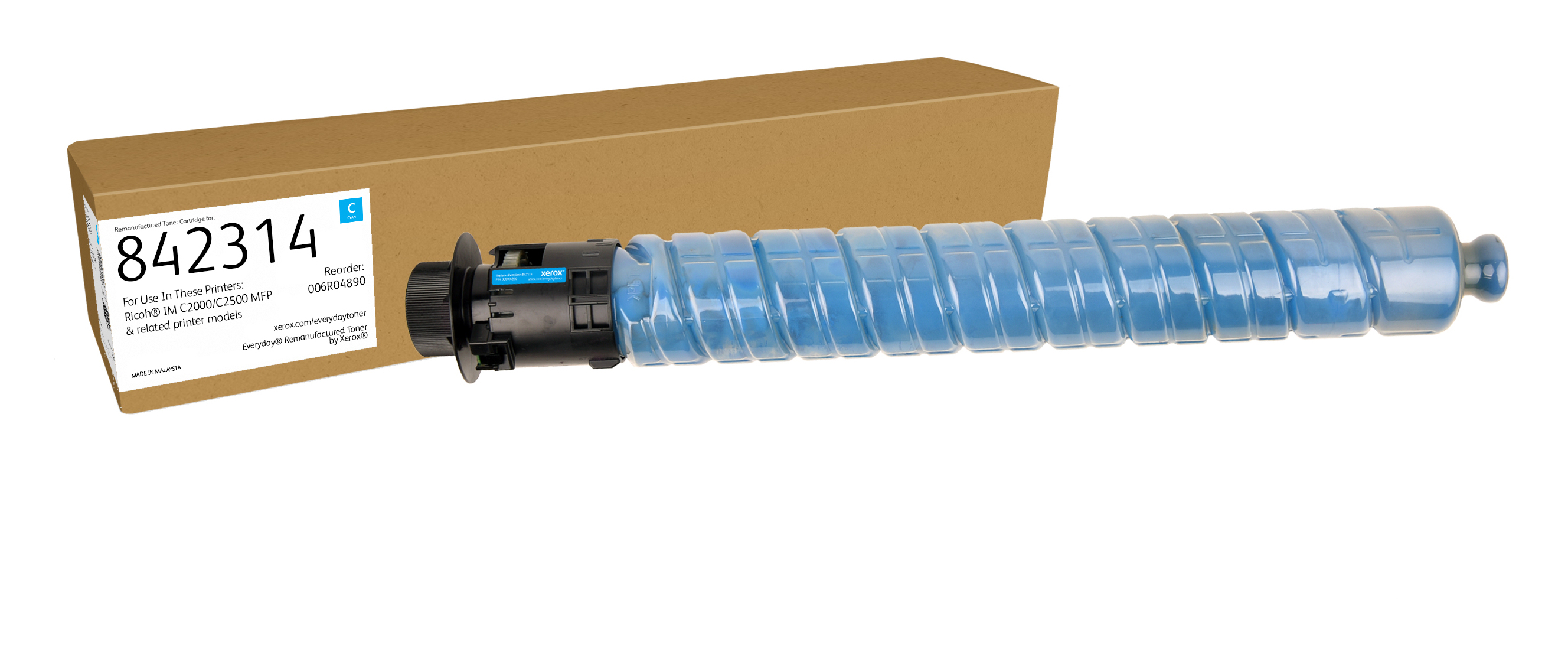 Un toner Xerox blu, modello 842314, accanto a una scatola marrone.