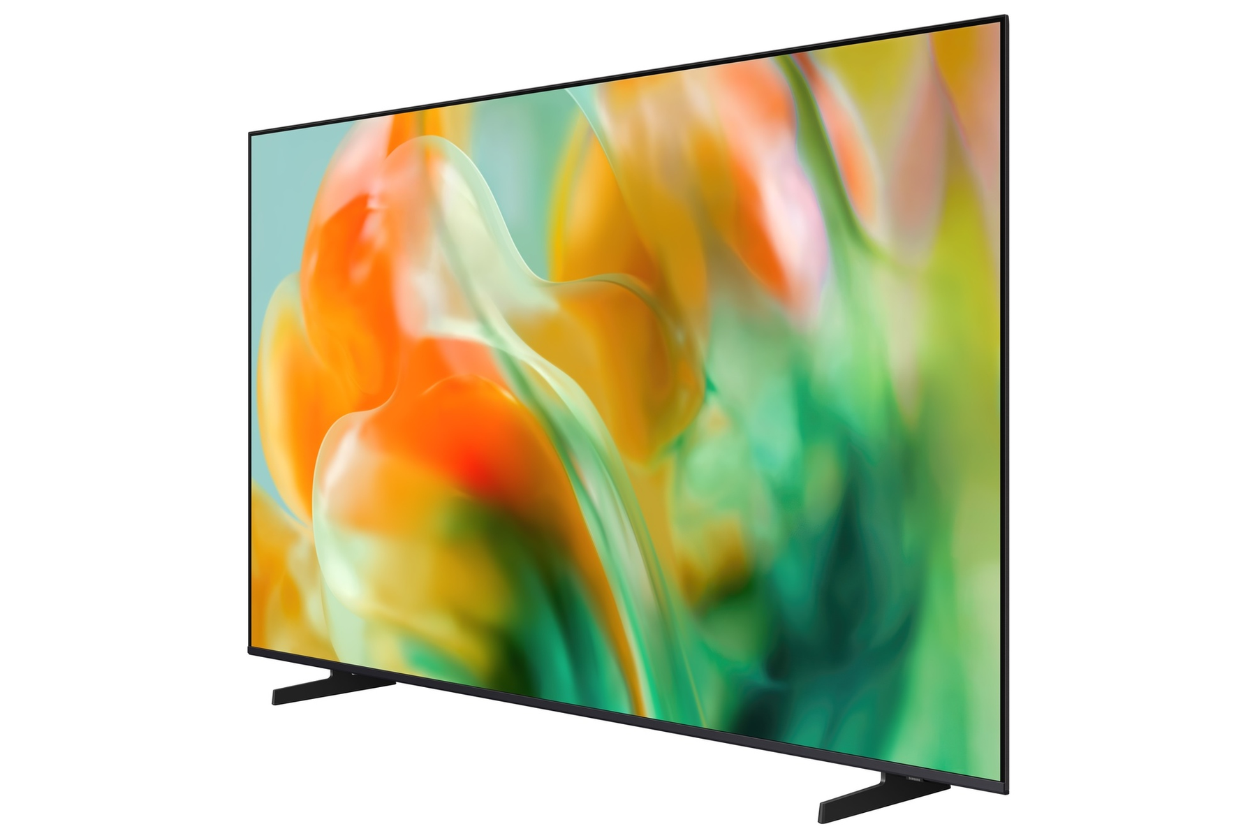 Un elegante televisor negro que muestra un fondo abstracto y colorido.