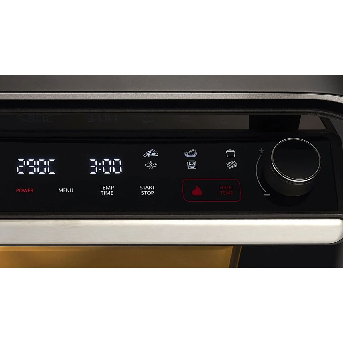 Digitalanzeige eines Ofens mit 290C, 3:00, Symbolen und Drehknopf.
