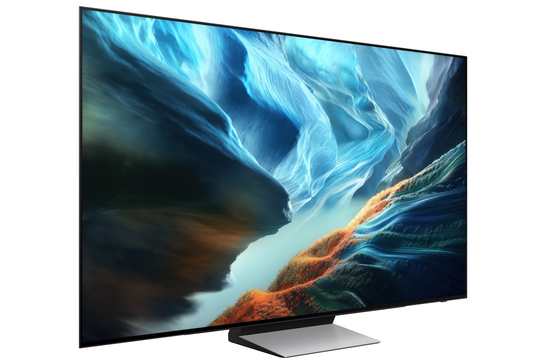 TV moderno con paesaggio astratto nei toni del blu e dell'arancione.
