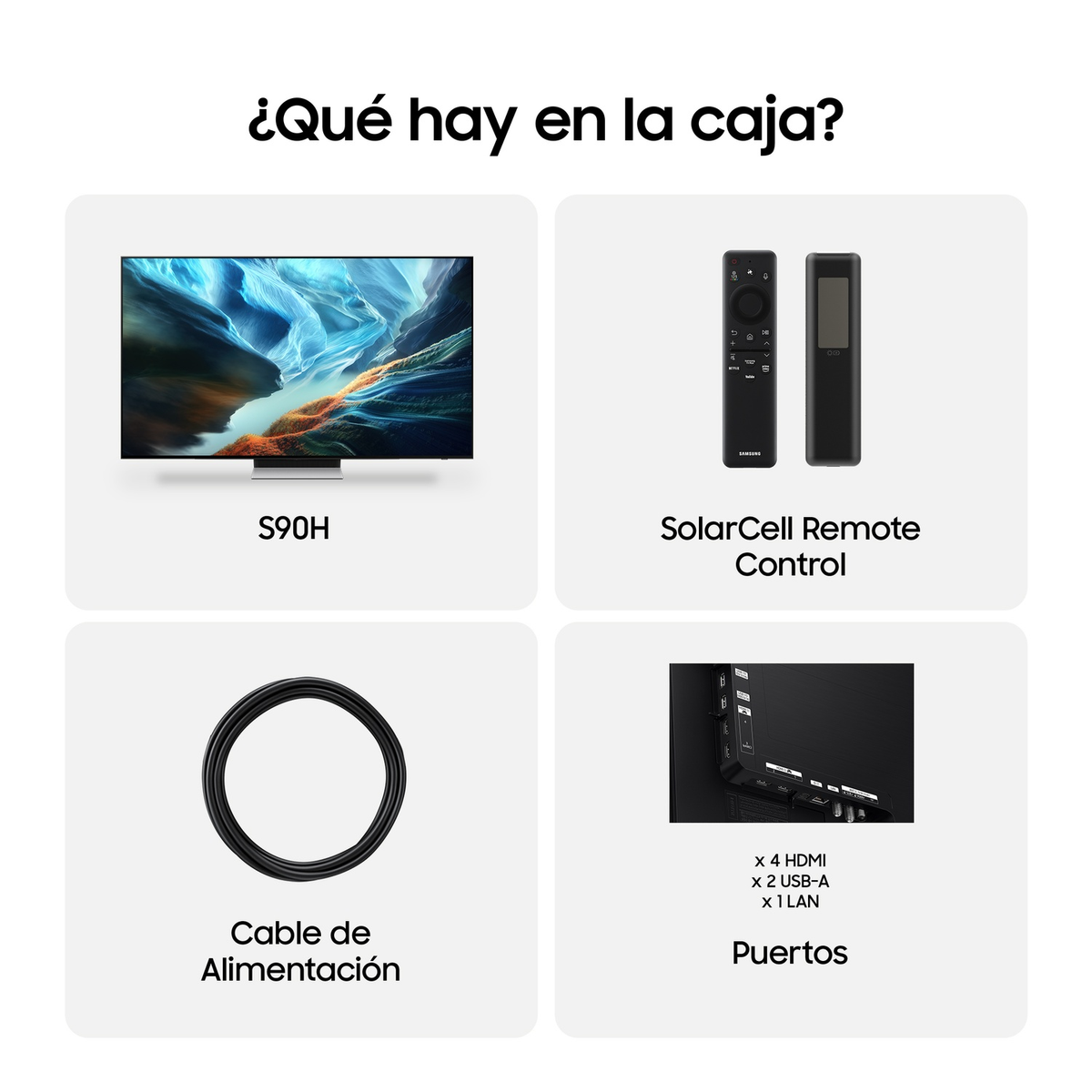 Vengono visualizzati TV, telecomandi, cavo di alimentazione e porte.