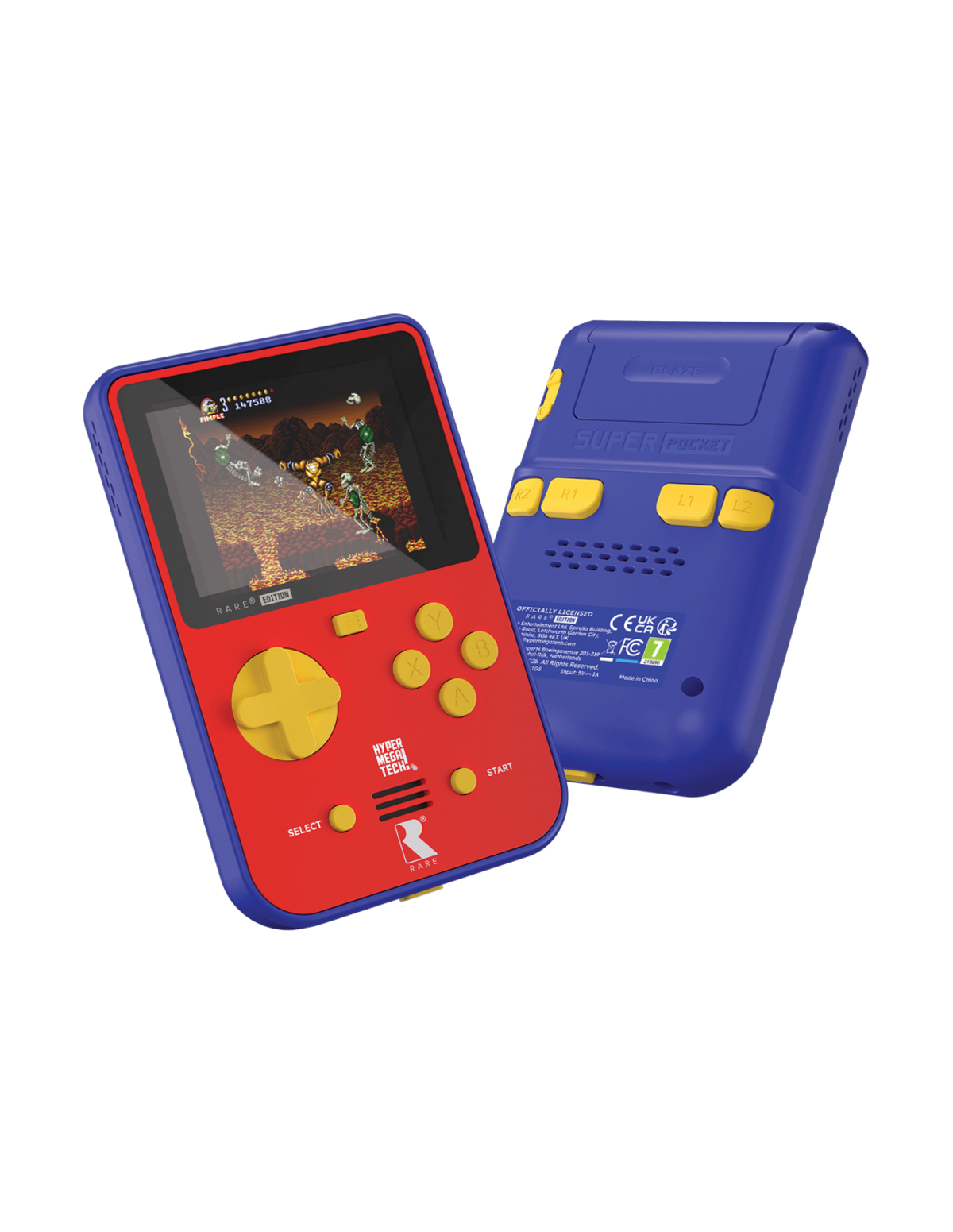 Un dispositivo di gioco portatile blu e rosso con pulsanti gialli e un gioco sullo schermo.