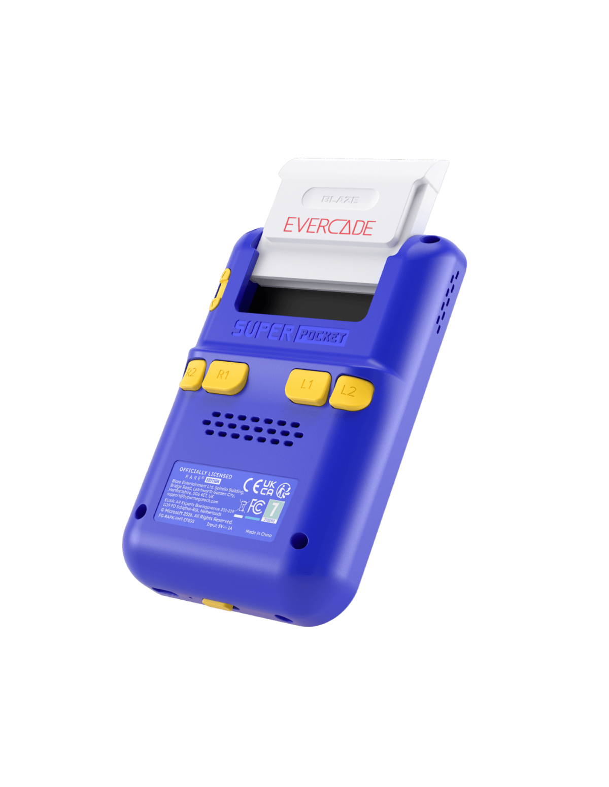Console blu portatile per videogiochi retrò con cartuccia Evercade, pulsanti gialli.