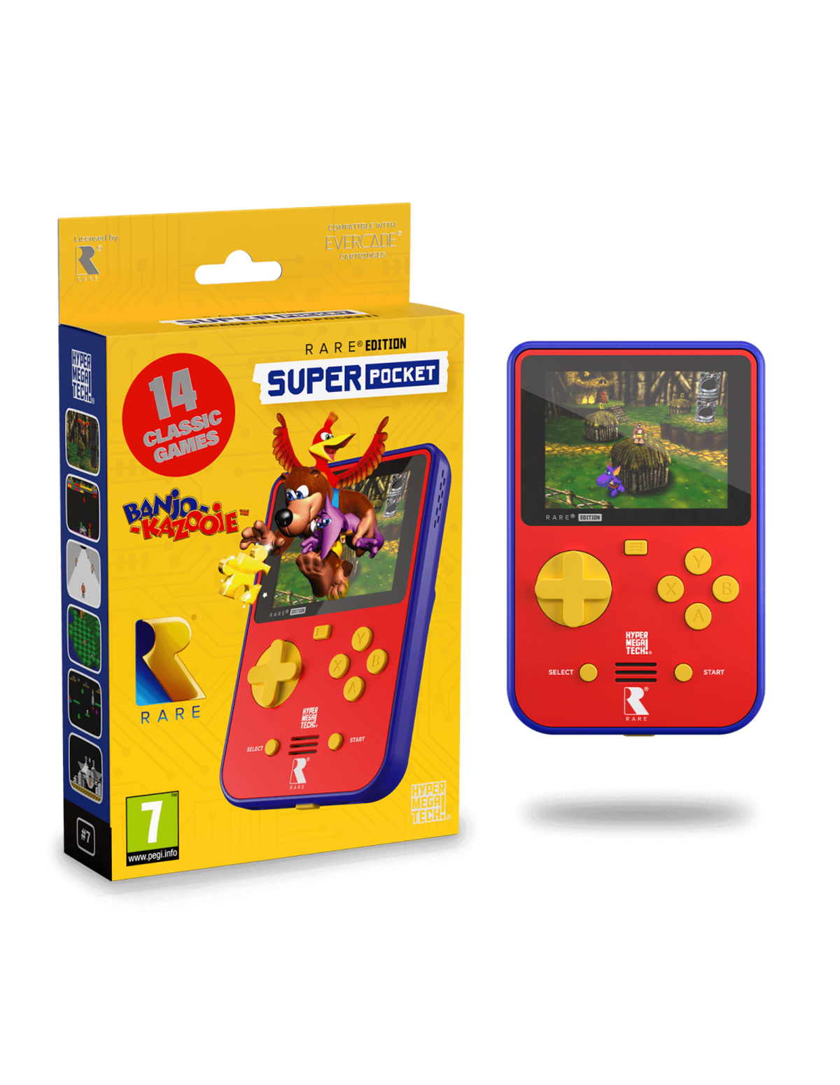 Console portatile rossa a tema Banjo-Kazooie con confezione abbinata.