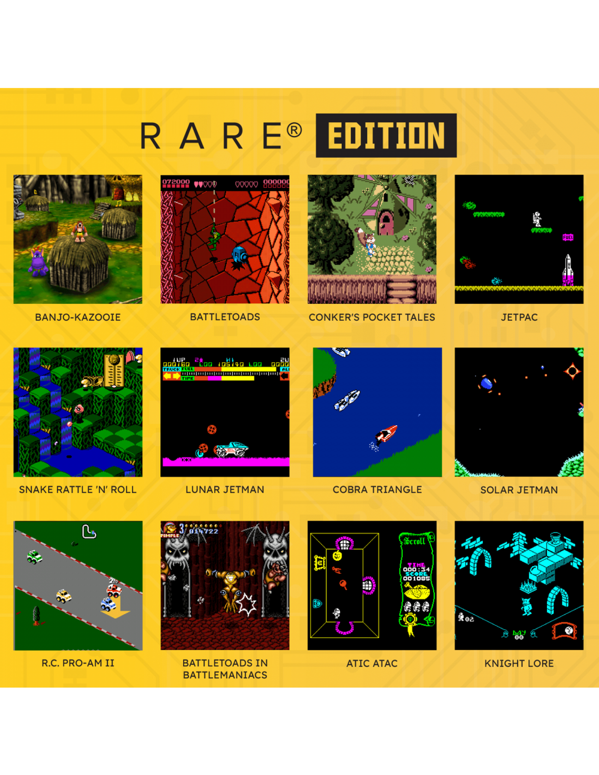 Undici screenshot di giochi su sfondo giallo intitolato RARE EDITION.