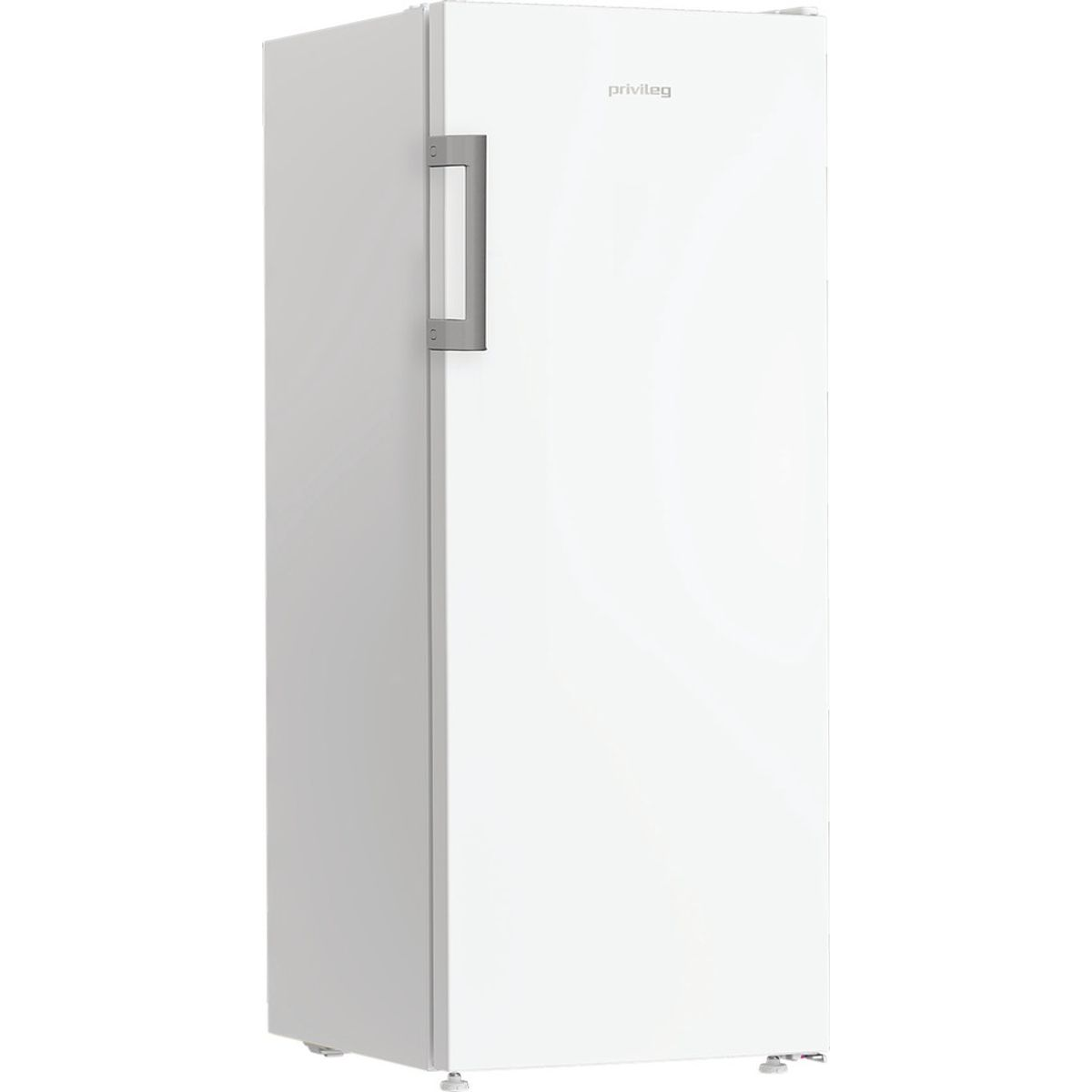 Ein weißer, hoher Gefrierschrank mit silbernem Griff.
