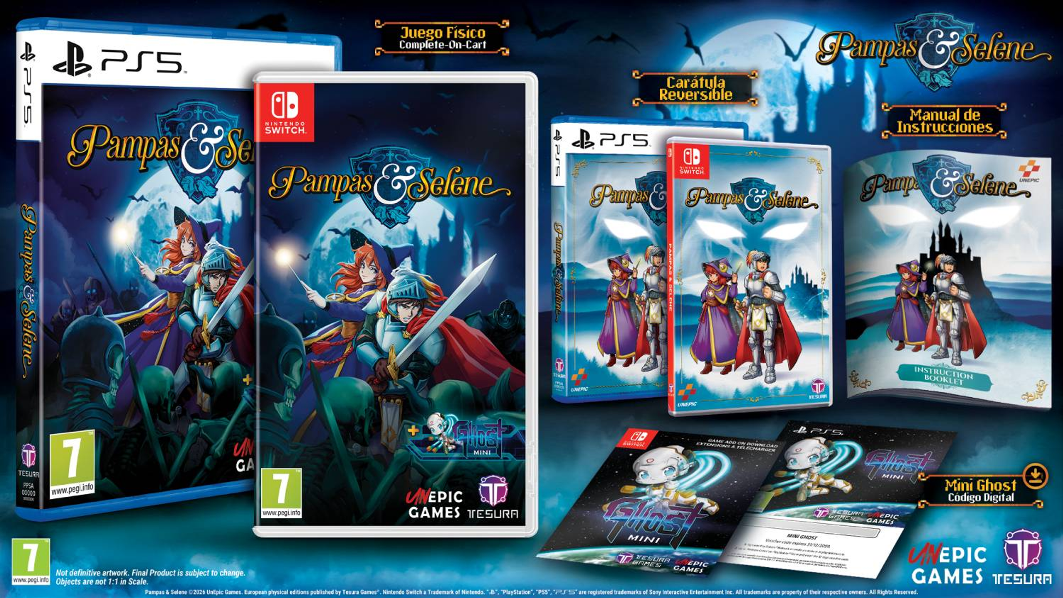 Juegos PS5 & Switch; Caballeros y magos ante castillo; fantasmas y monstruos.
