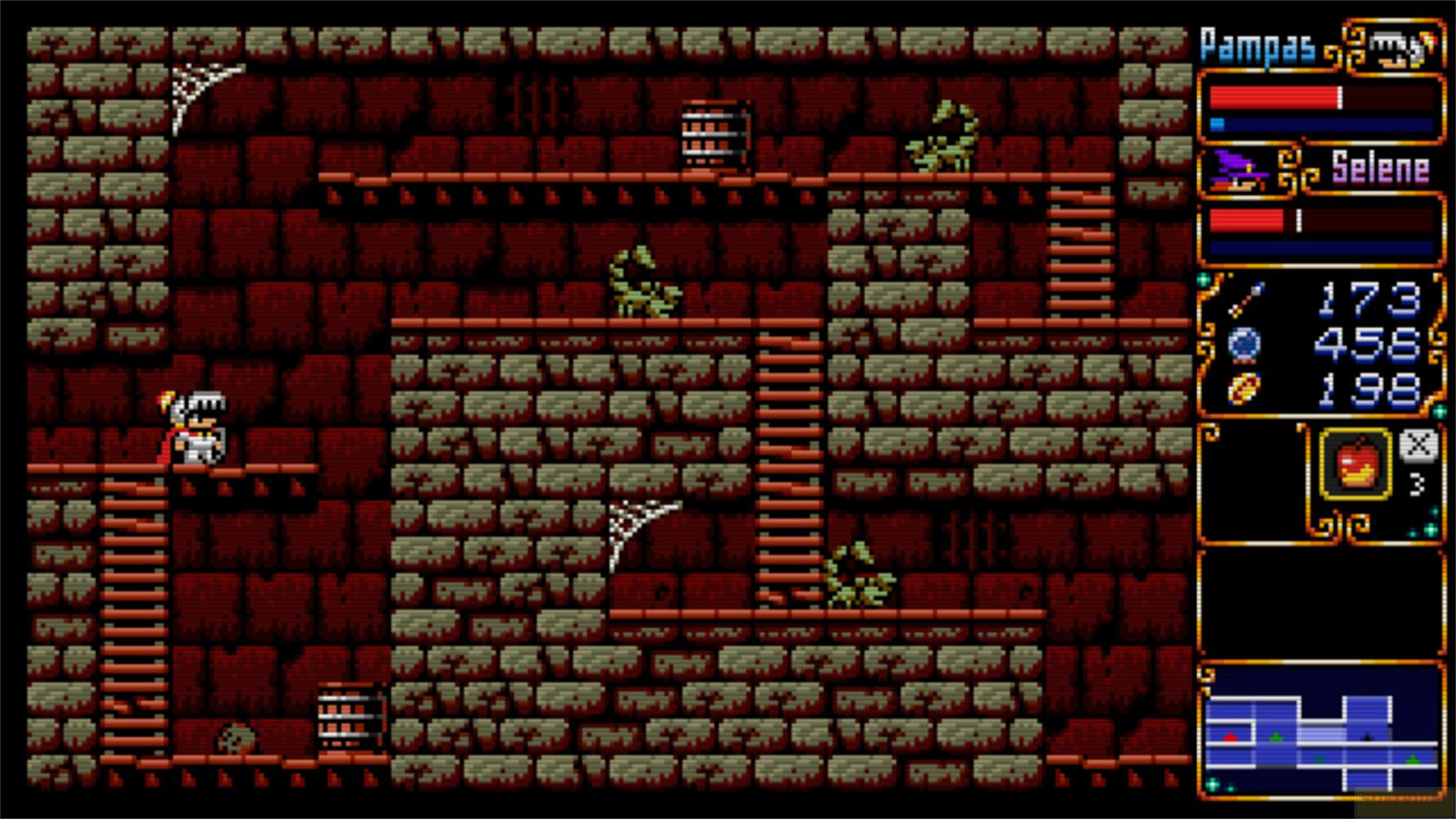 Schermata di gioco pixel art con personaggio, nemici e elementi UI.