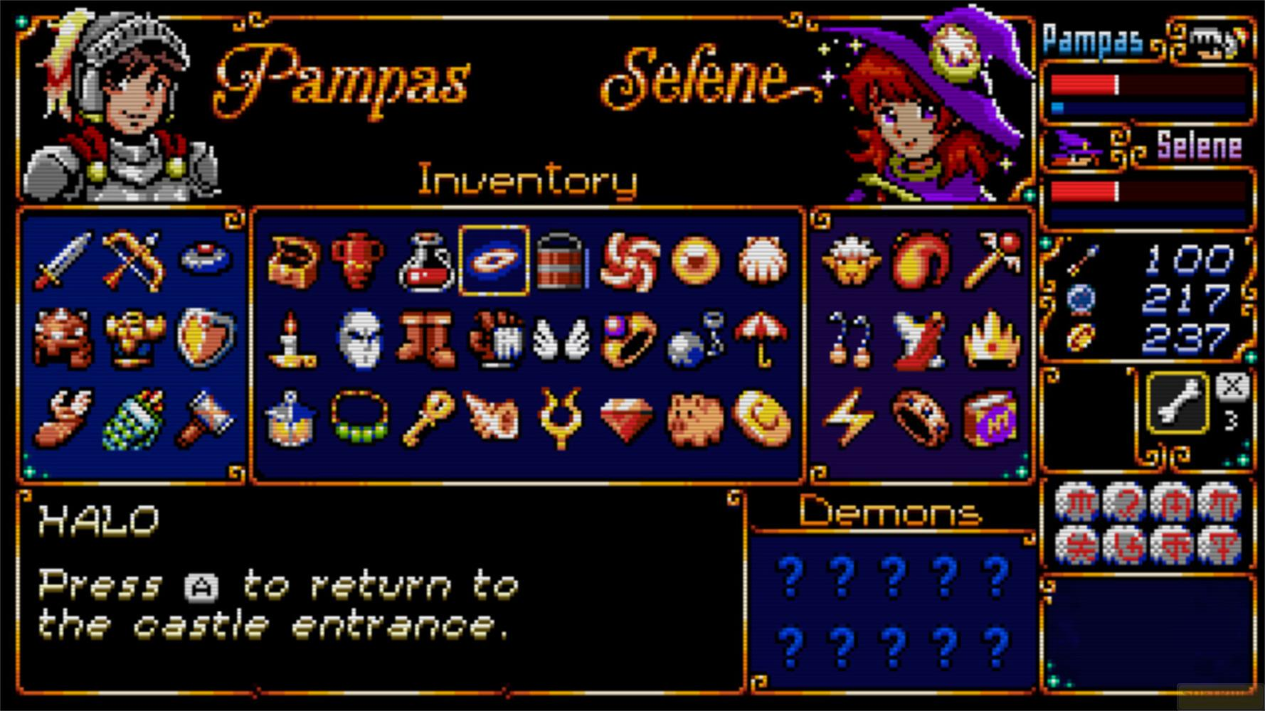 Schermata inventario di gioco con i personaggi Pampas e Selene, oggetti e statistiche.