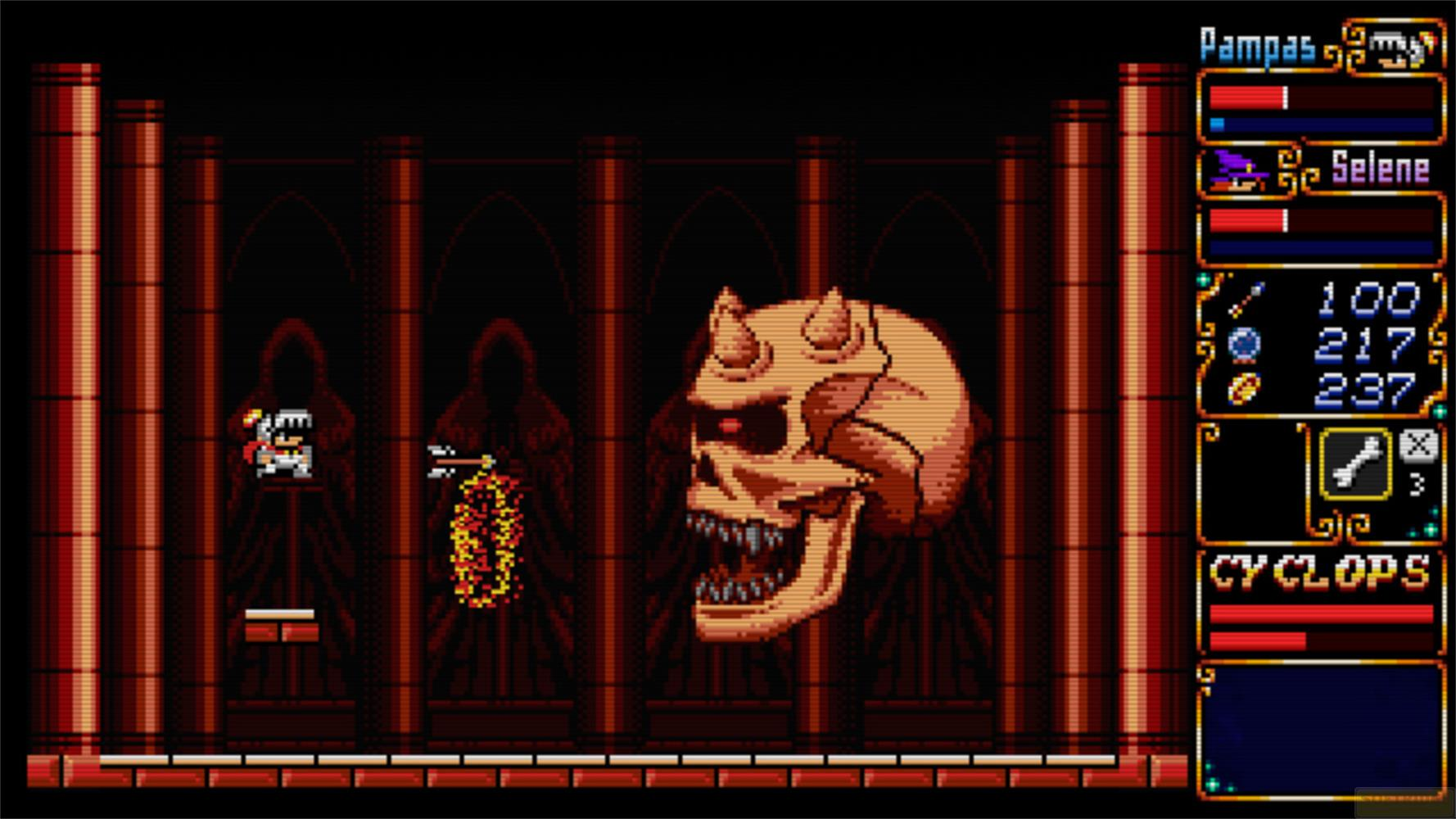 Uno schermo di gioco pixelato con un teschio cornuto, figure incappucciate e un personaggio a sinistra.