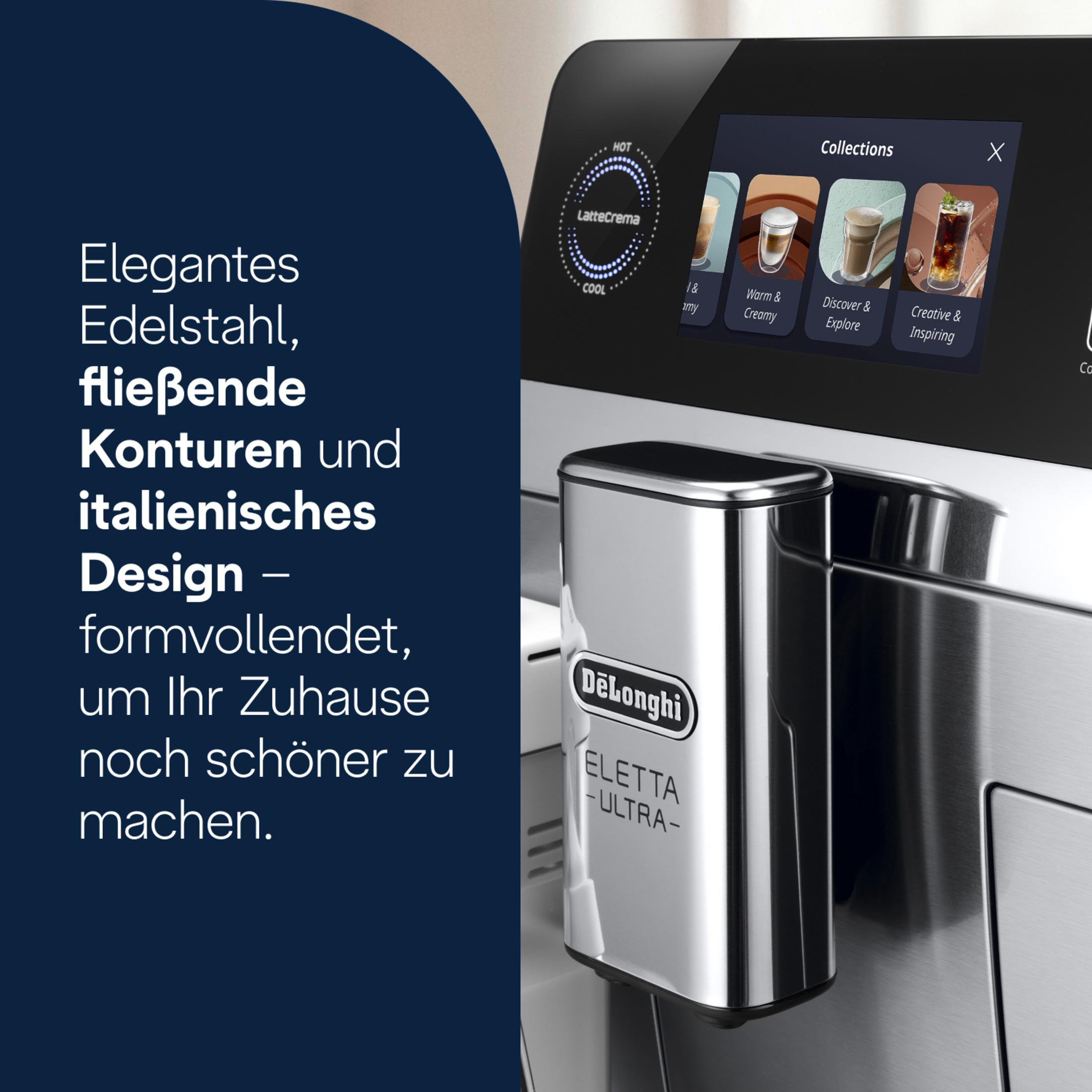 Máquina de café de acero inoxidable con pantalla táctil, muestra varios tipos de café.