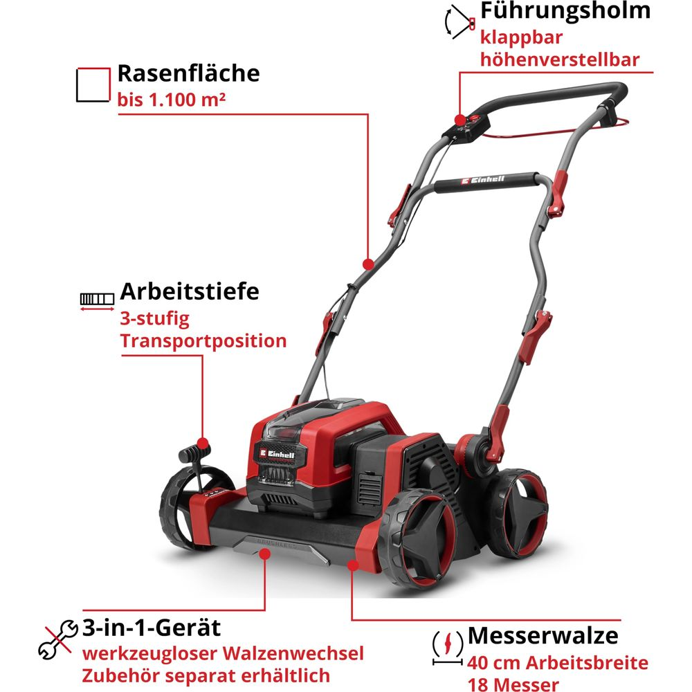 Ein roter und schwarzer Rasenmäher mit Führungsholm, Arbeitsbreite 40cm.