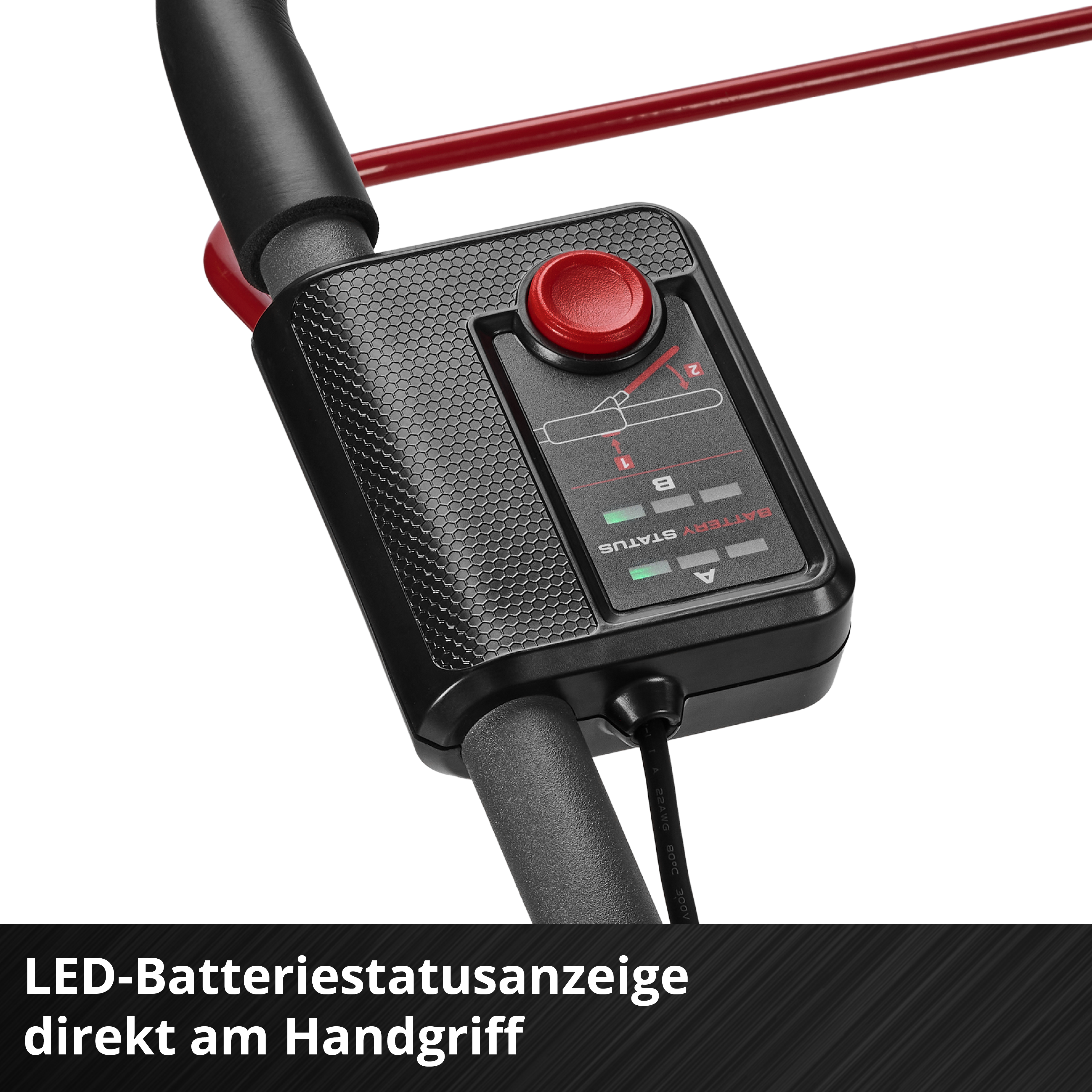 Schwarzer Griff mit rotem Knopf und Batterieanzeige. Kabeleingang unten.