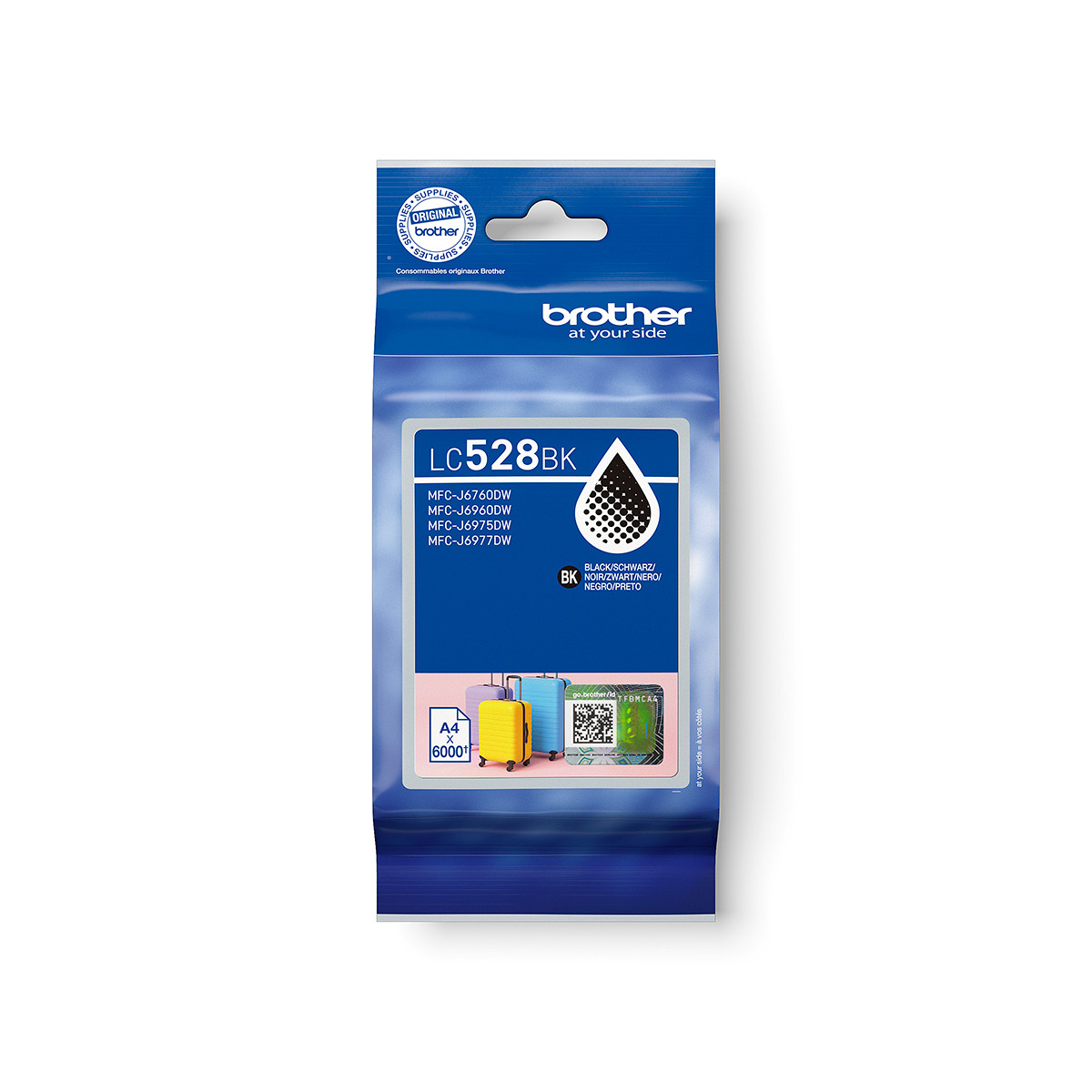 Cartuccia d'inchiostro Brother LC528BK con etichette e tre piccole valigie.