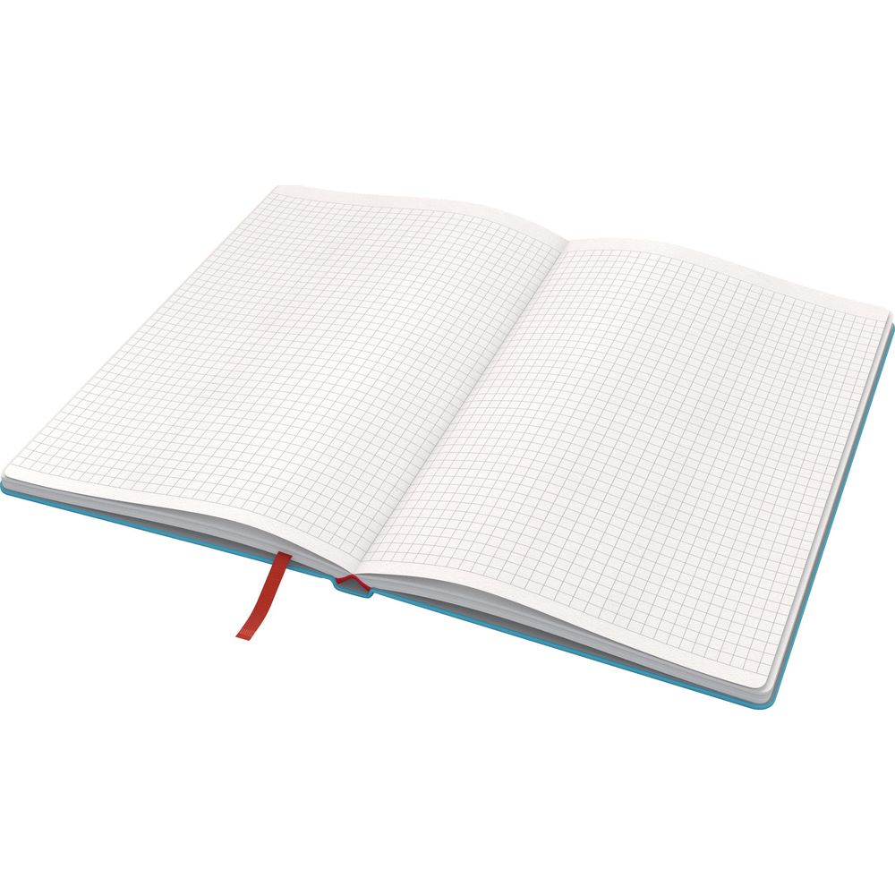 Ein offenes Notizbuch mit karierten Seiten und einem roten Lesezeichen.