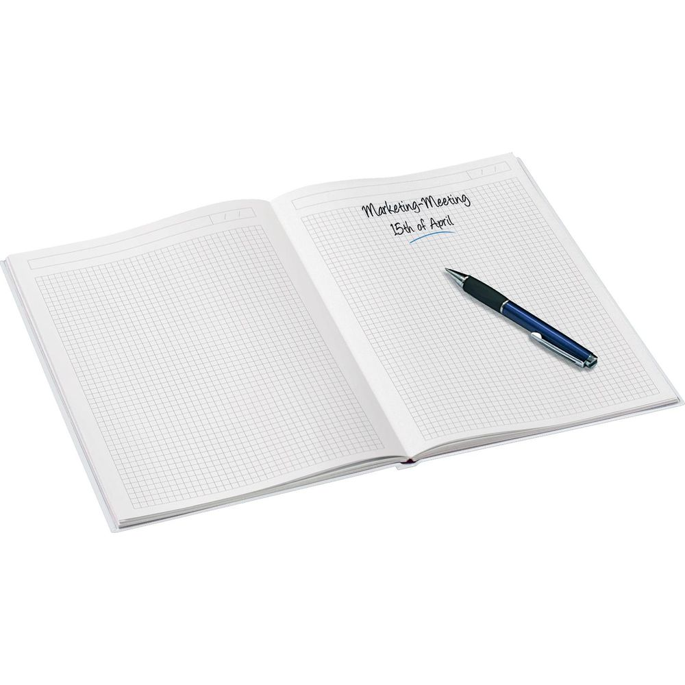 Offenes Notizbuch mit Gitterseiten. Rechte Seite hat 