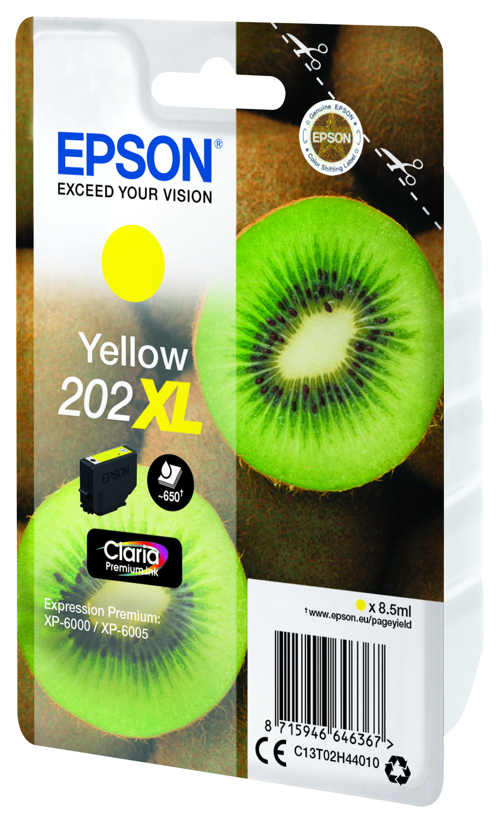 Cartuccia inchiostro gialla Epson 202XL con kiwi e dettagli prodotto.