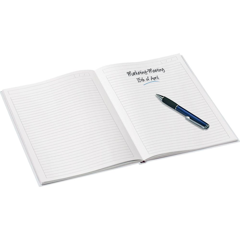 Ein offenes Notizbuch mit einem blauen Stift. Beschriftet mit "Marketing-Meeting 15th of April".