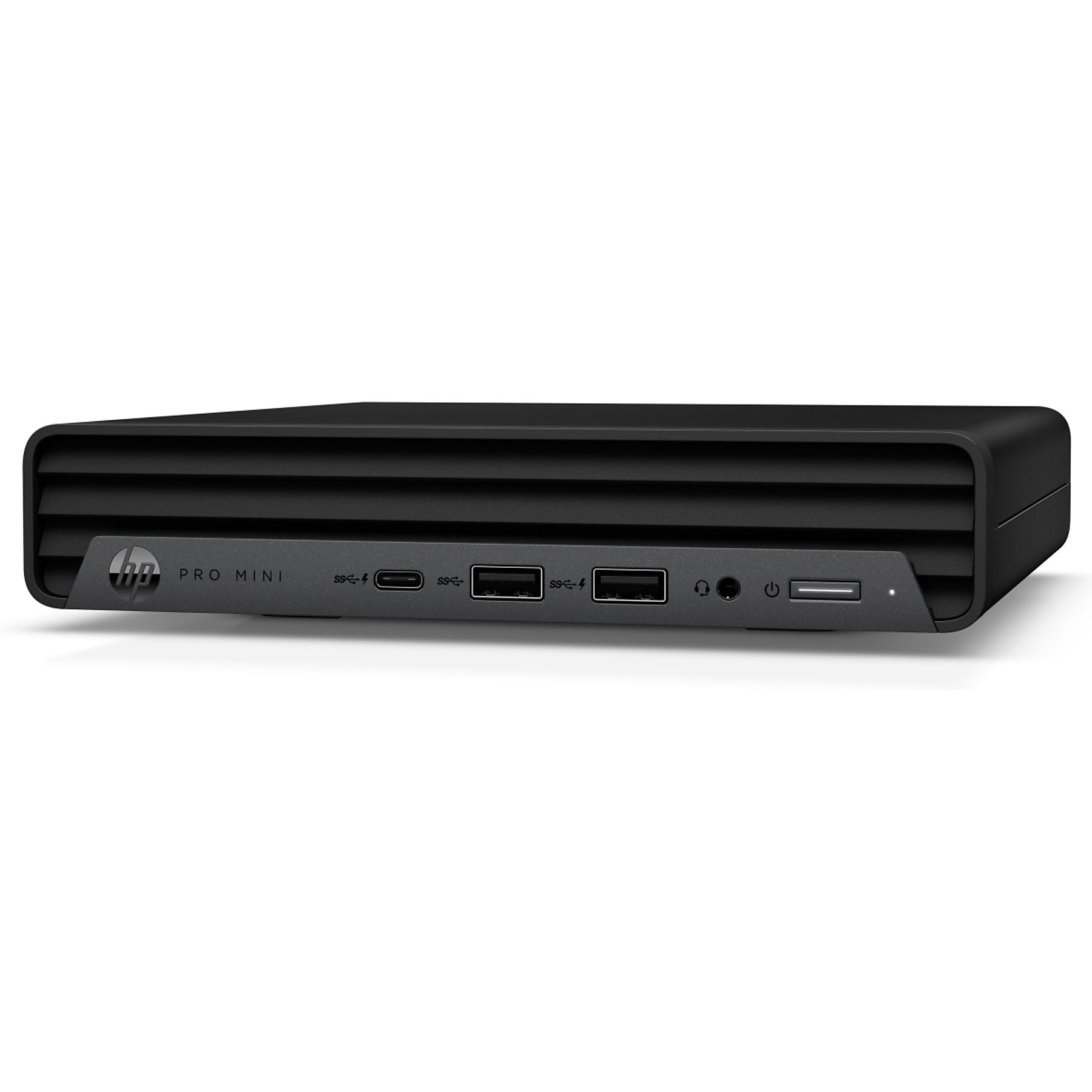 PC HP Pro Mini nero con porte anteriori e pulsante di accensione.