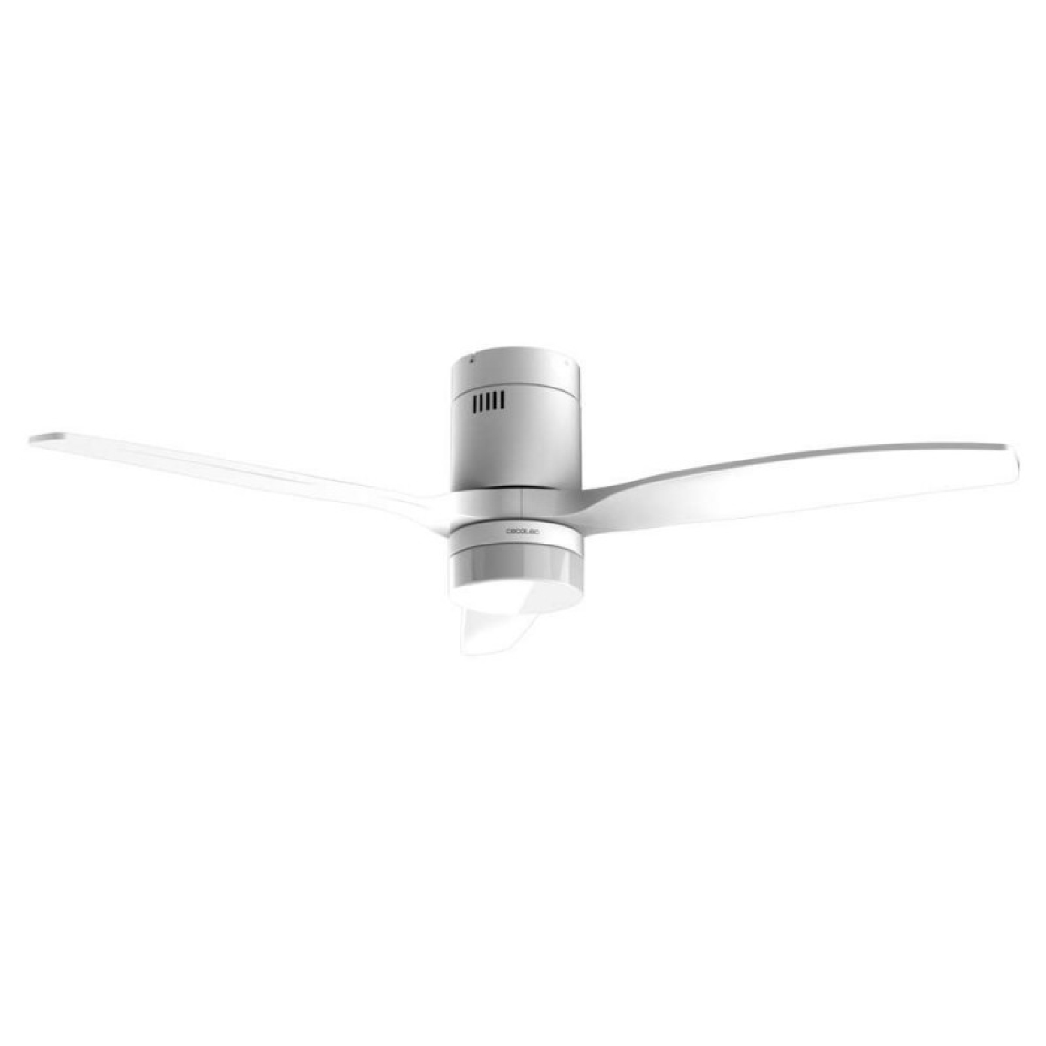 Un ventilador de techo blanco con tres aspas y una luz integrada.