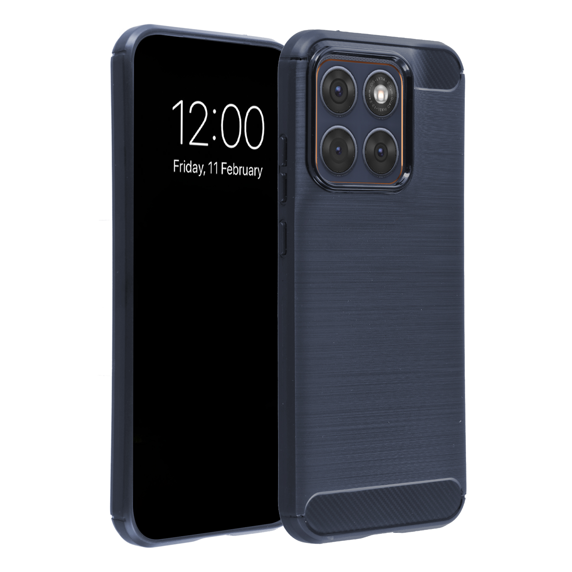 Une coque de téléphone bleue à côté d'un smartphone à écran noir affichant l'heure.