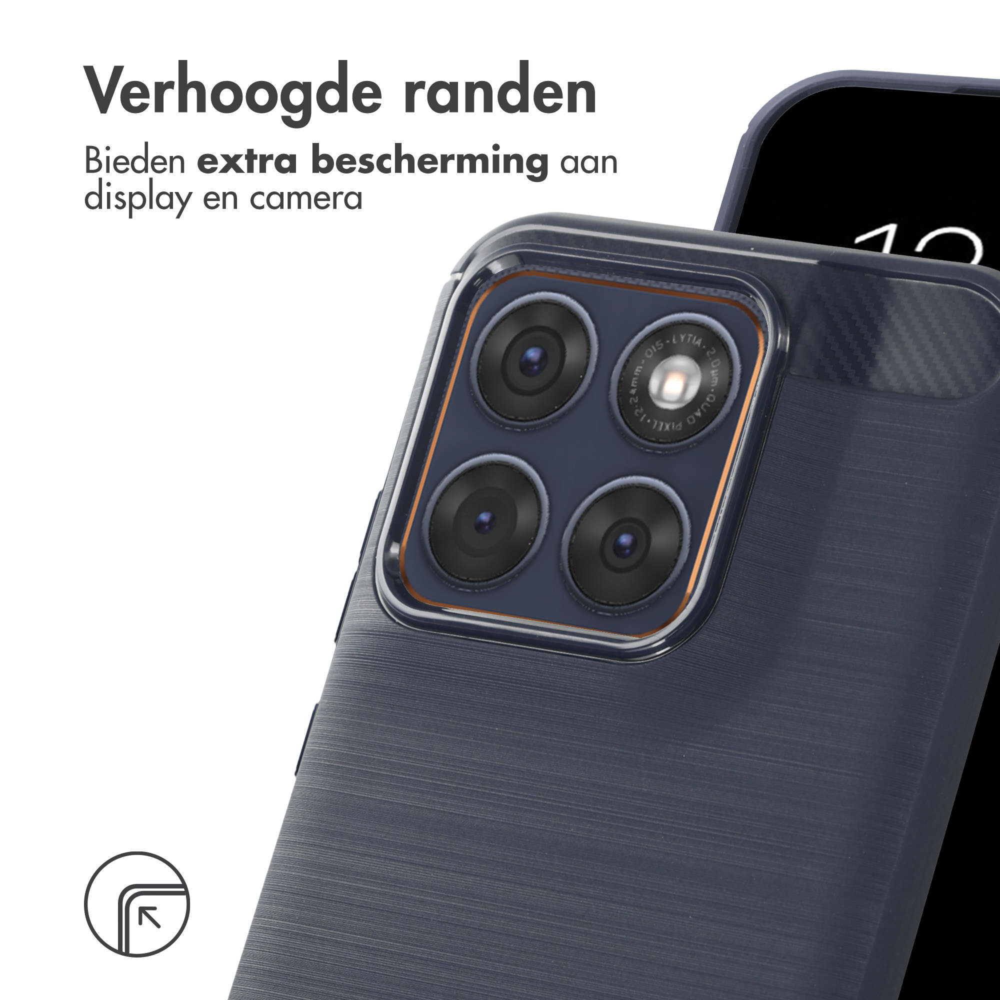 Téléphone bleu foncé avec quatre caméras et bords surélevés.