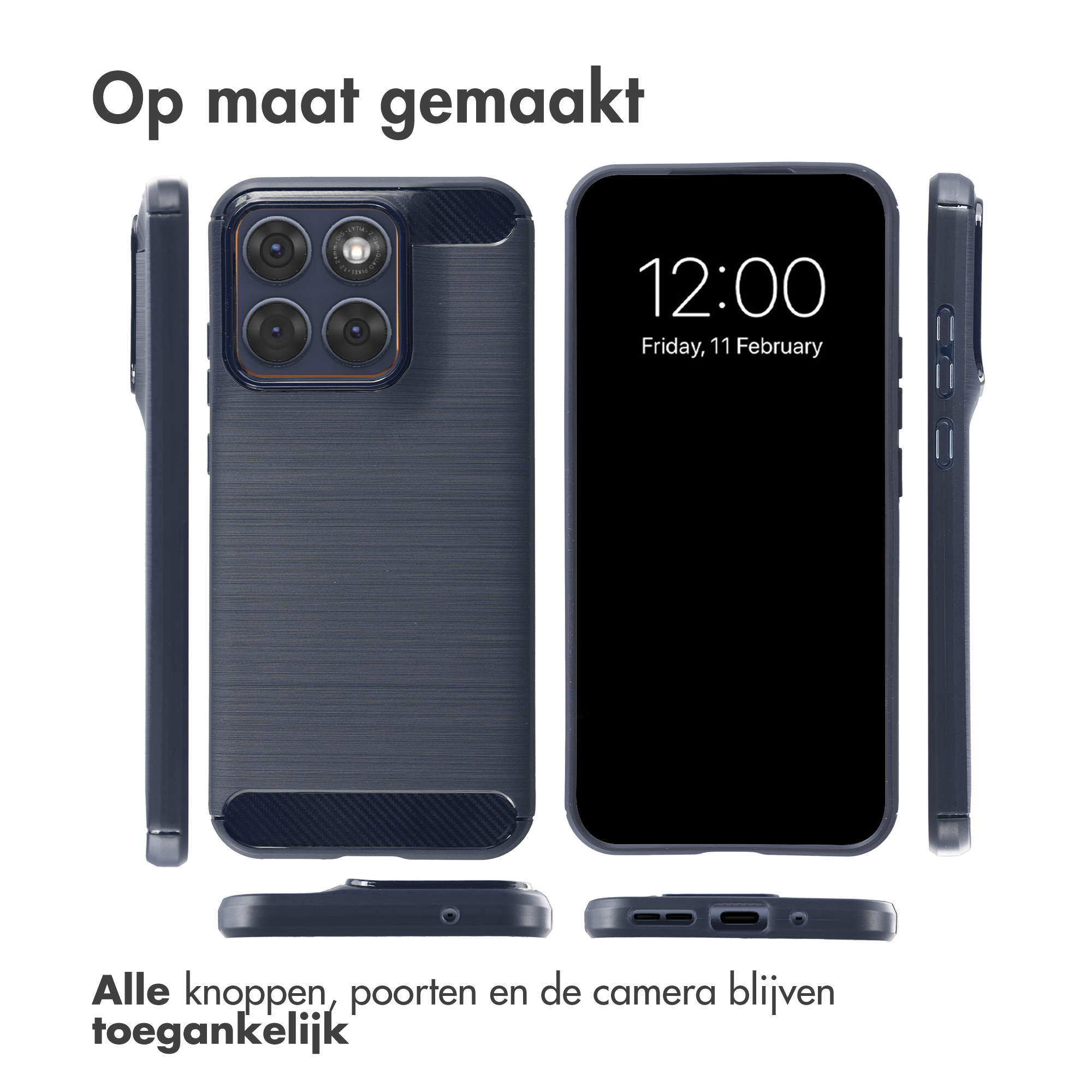 Plusieurs vues d'une coque de téléphone bleu foncé avec module caméra.