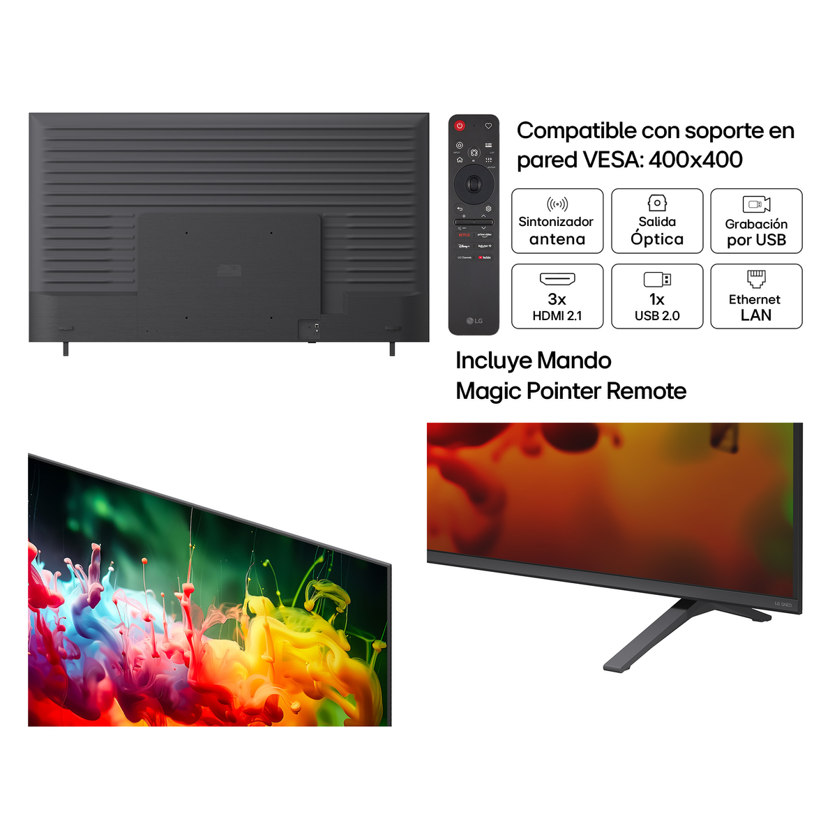 Parte trasera TV LG, Magic Remote, detalles conexión y pantalla.