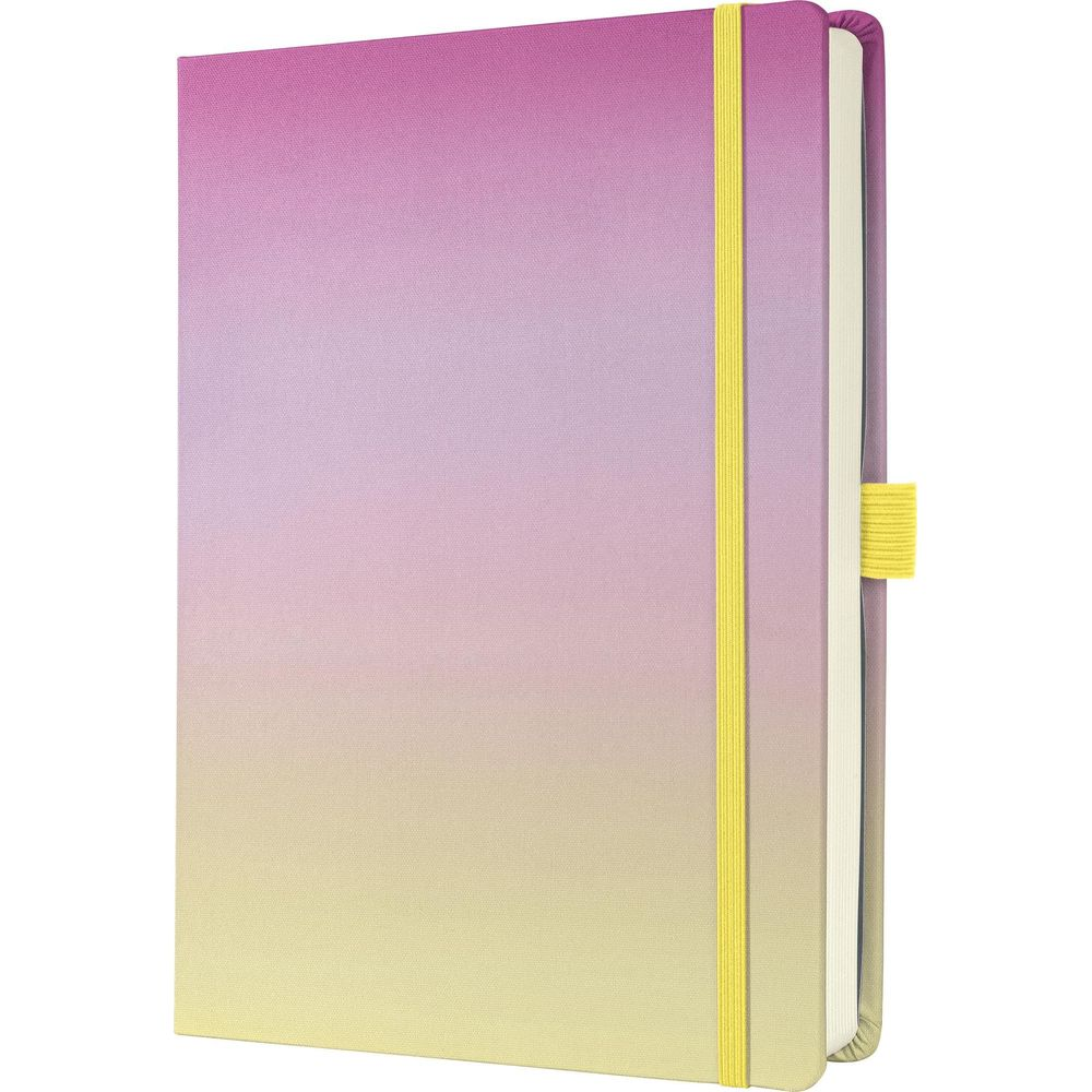 Ein Notizbuch mit pink-gelbem Farbverlauf und gelben Gummibändern.