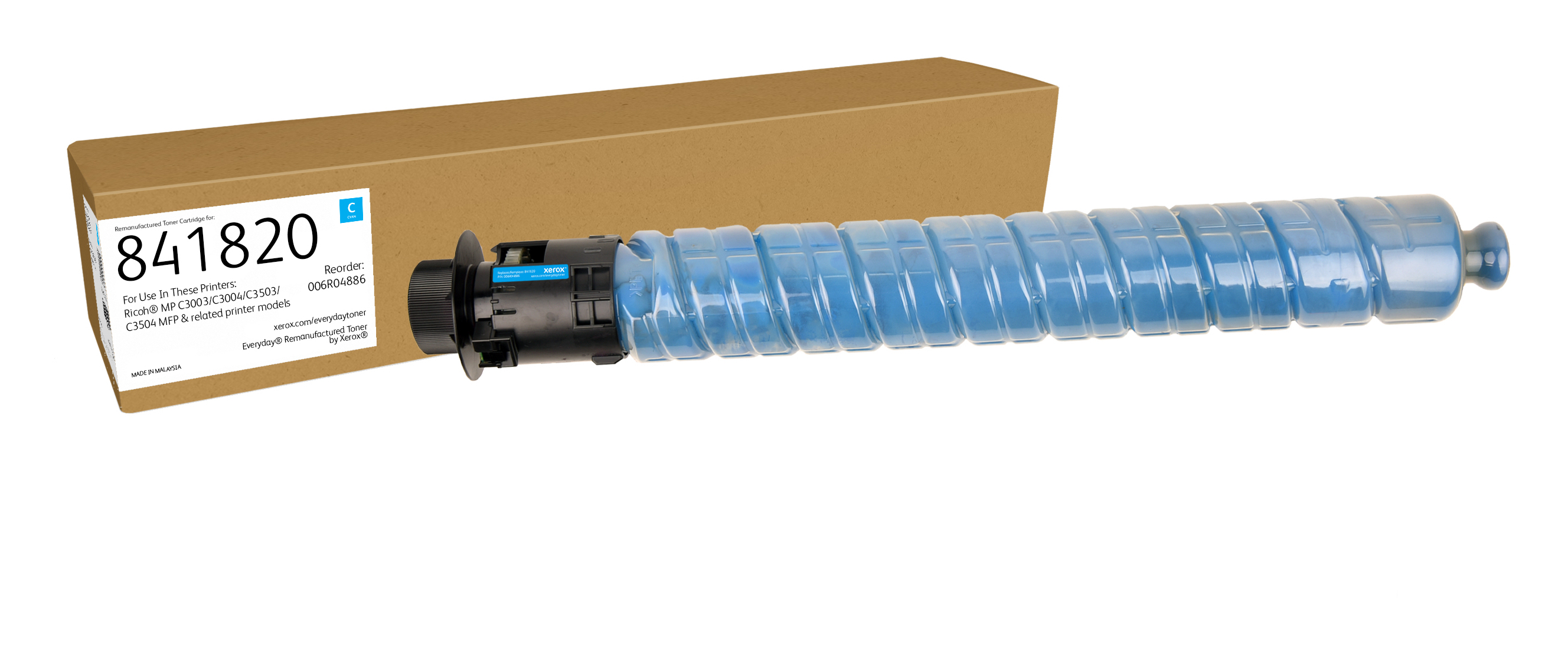 Una cartuccia toner blu etichettata 841820 accanto a una scatola marrone.