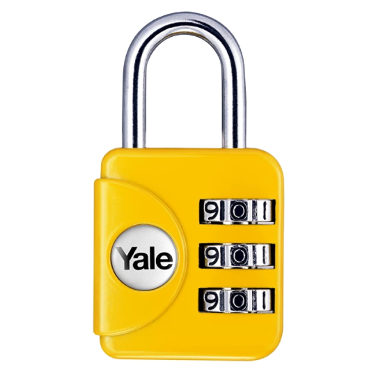 Un lucchetto a combinazione Yale giallo con tre quadranti su sfondo bianco.