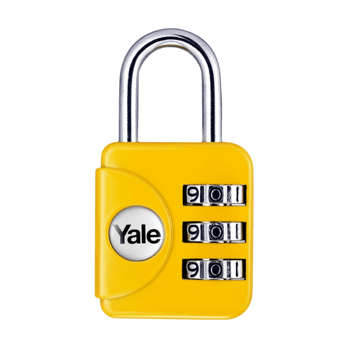 Un lucchetto Yale giallo a combinazione con arco argentato. I numeri sono impostati su 901.